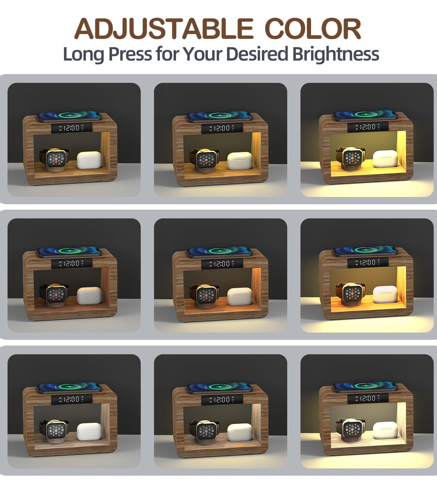 Alltripal Wireless Charging Station with Clock, Desk Lamp 15W Fast Wireless Charger Night Light with 3 Color, Bamboo Wireless Charging Station Dock for iPhone/AirPod/iWatch, Gifts for Women Men