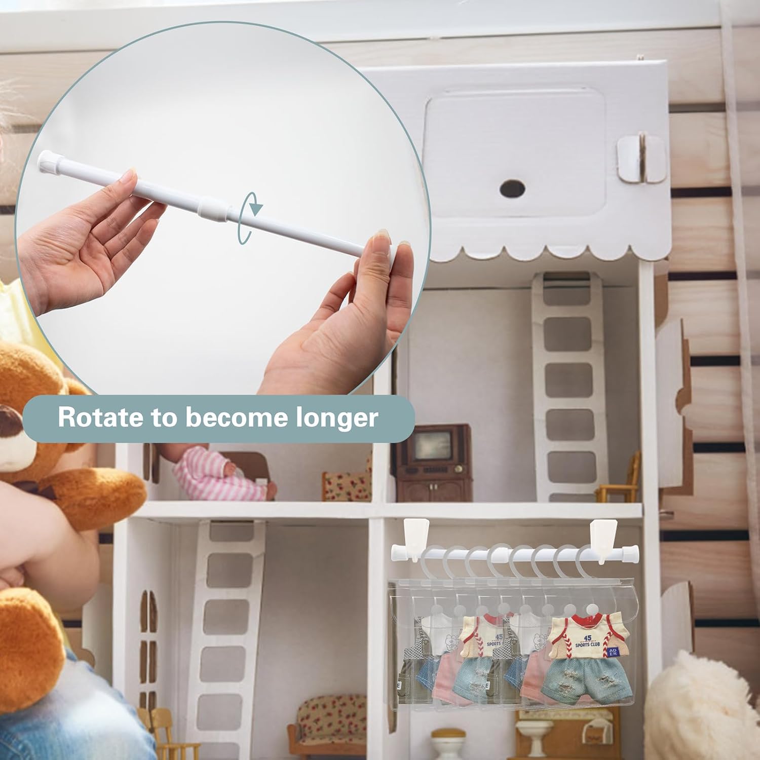 12 PCS Doll Clothes Storage Bags with Telescopic Curtain Rod and Mount Hook | Clear PVC Doll Clothes Organizer for Outfits, Puppy Costumes, Accessories, Mini Wardrobe Closet Display for Dolls