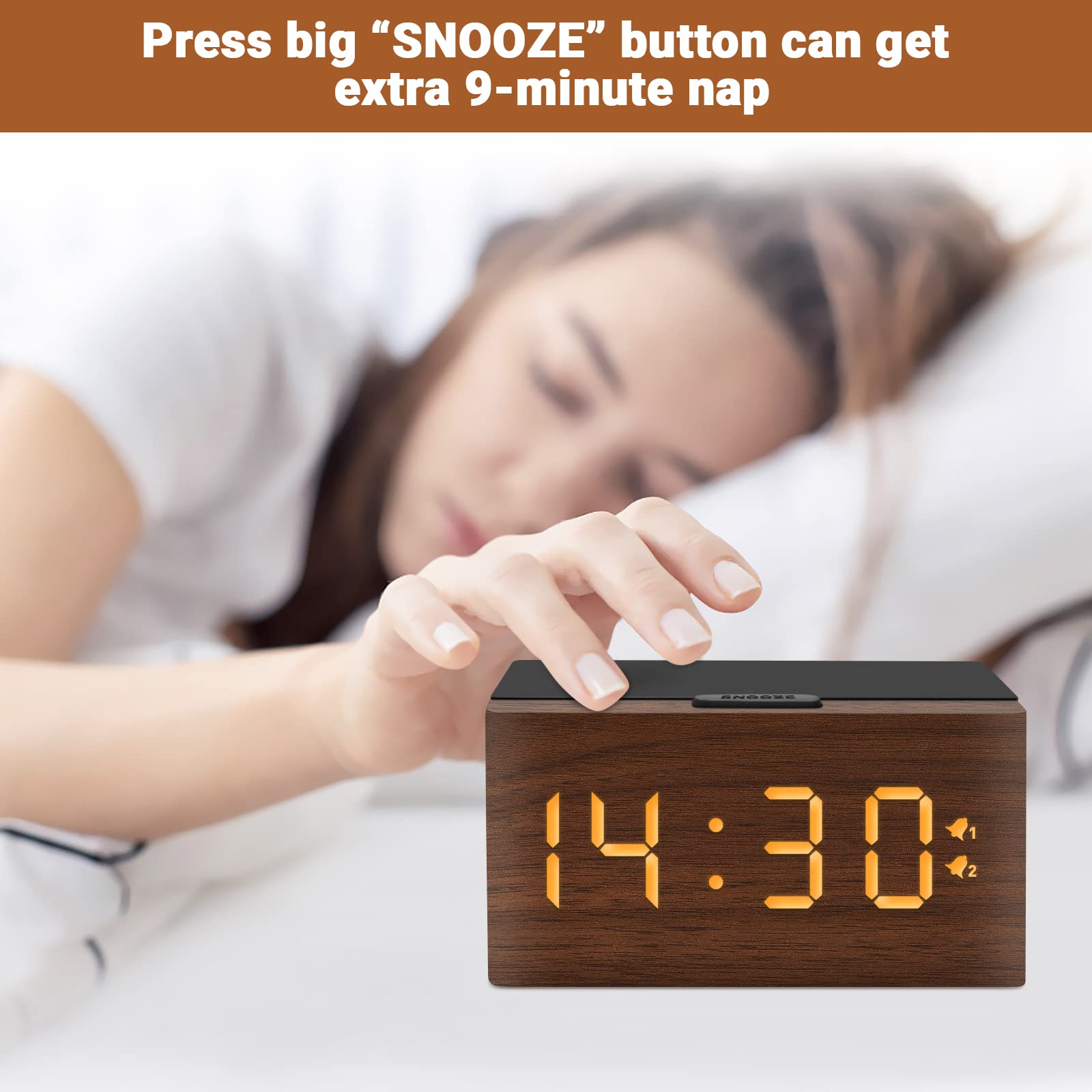 Bebcoo Digital Wooden Alarm Clock with 10W Fast Wireless Charging, Dual Alarm with Weekday/Weekend, Stepless Dimmer, Snooze, 12/24H, USB Charging Station, Wood LED Clock for Bedroom/Office (Brown)
