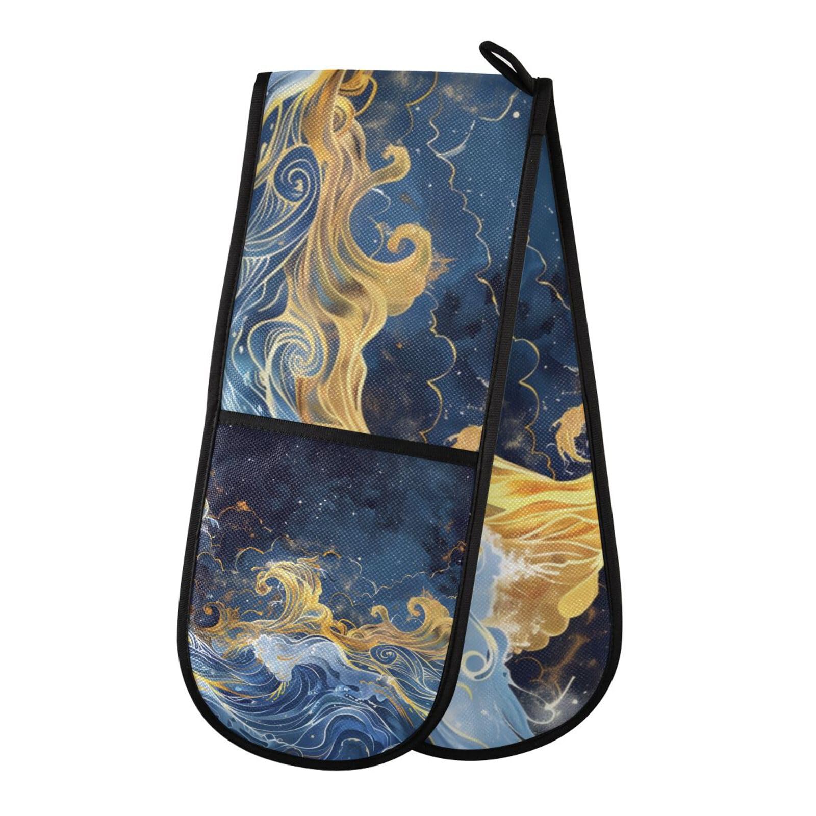 Oven Gloves Double Oven Gloves Fairy Wave Blue Oven Mitts Pot Holder Heat Resistant Quilted for BBQ Baking Kitchen Cooking Gloves