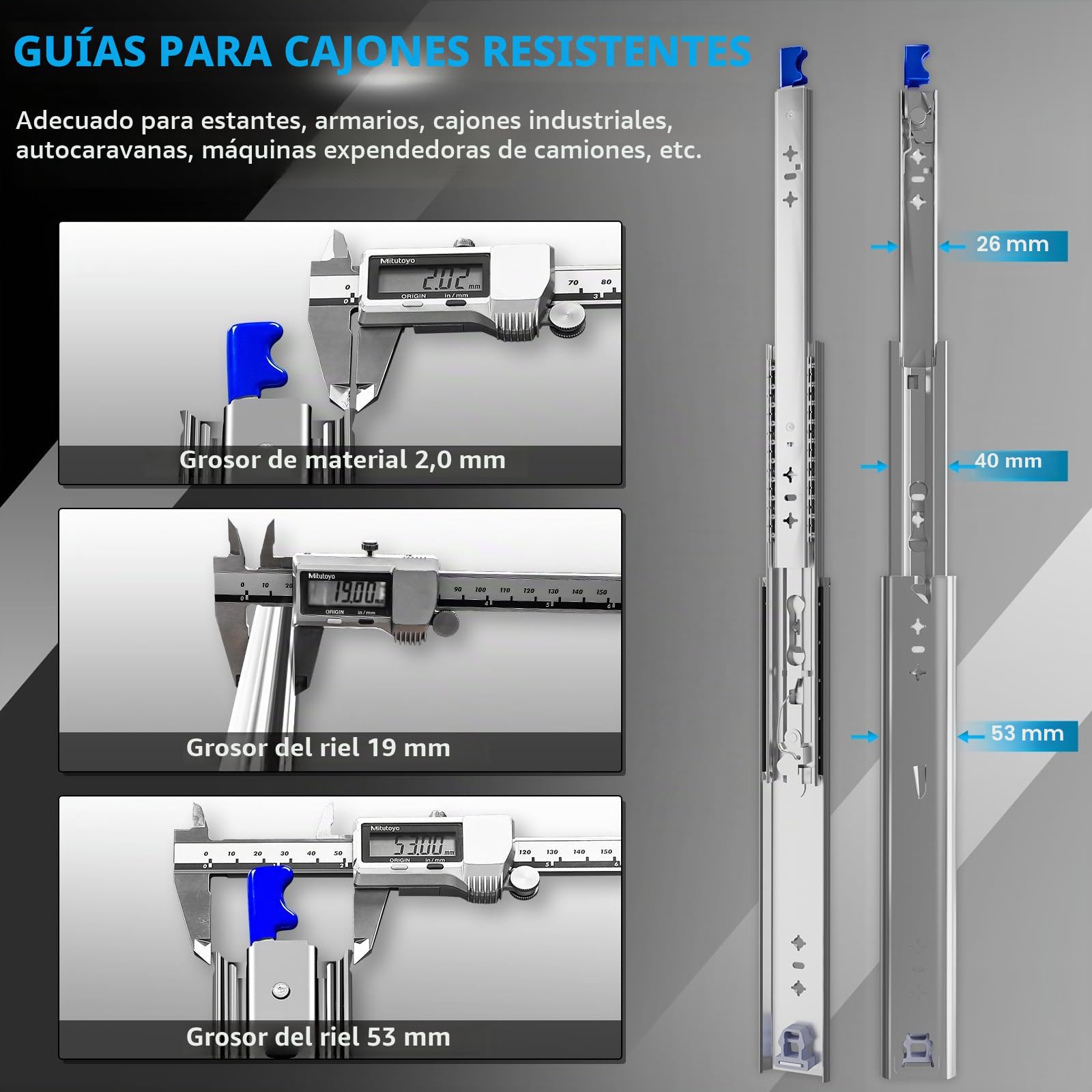 AOLISHENG Guias Correderas Para Cajones Con Freno 500mm Extensión Completa Para Trabajo Pesado Rieles Para Cajones 120 KG Capacidad Carga con cerradura 1 par (2 piezas)