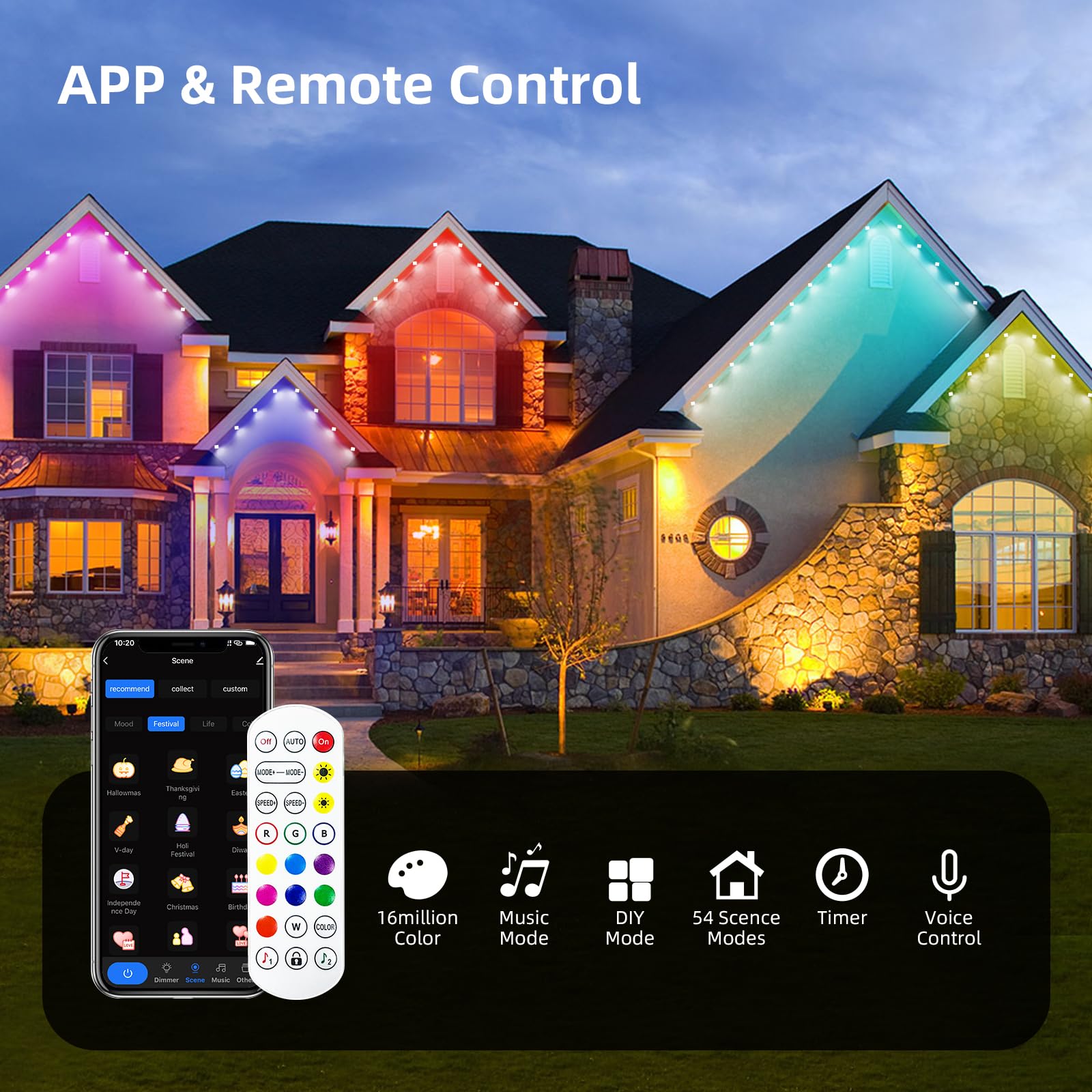 Luci permanenti per esterni, 15,2 m, Smart RGB, 36 luci a LED con 54 modalità scena, impermeabile IP67, per Halloween, Natale, Capodanno, vacanze, illuminazione quotidiana, telecomando vocale APP