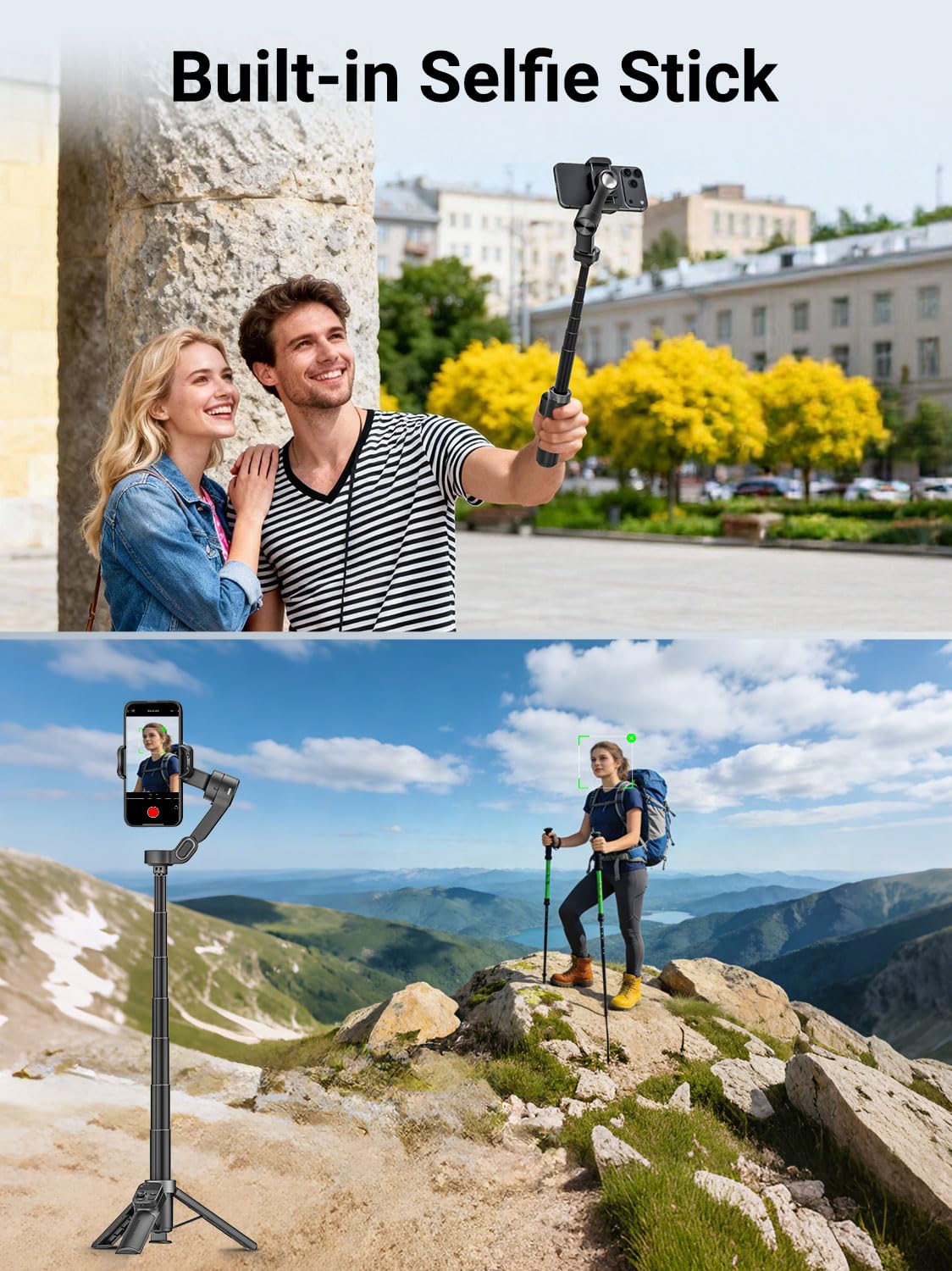 AOCHUAN Estabilizador de cardán de rotación panorámica de 360° para iPhone, control remoto magnético, estabilizador de 3 ejes con barra de extensión integrada y trípode abierto de un solo toque
