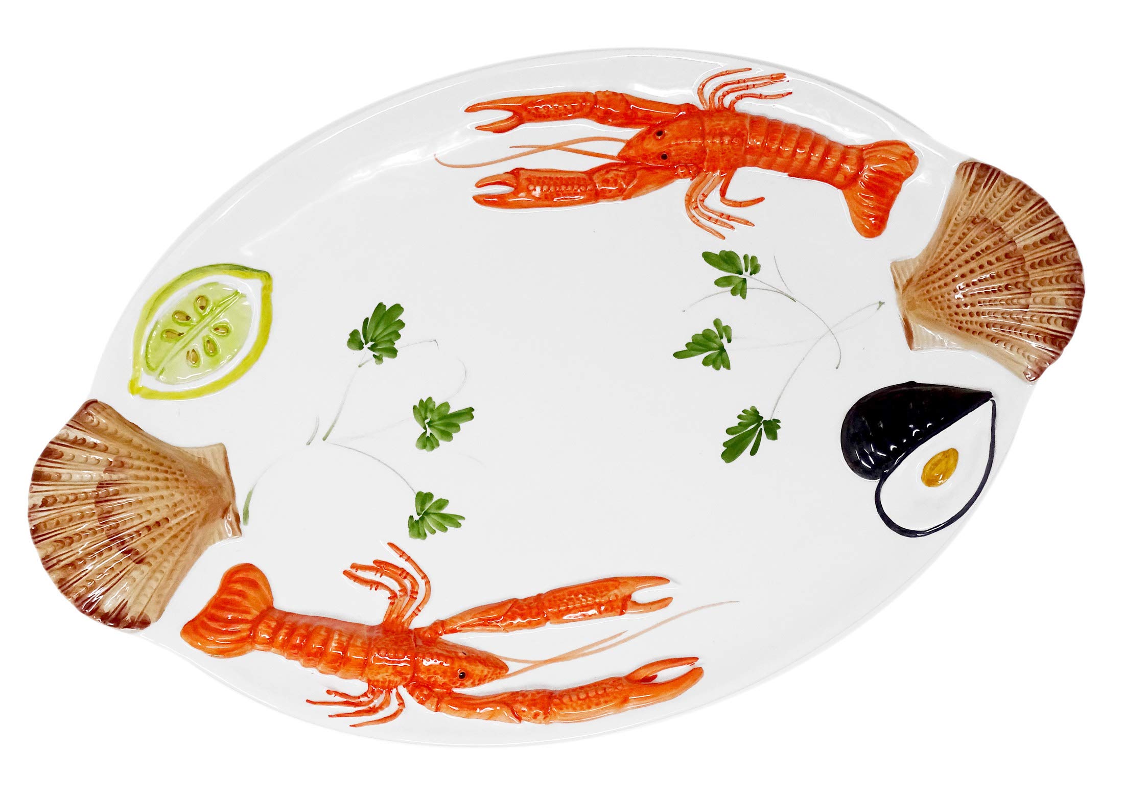 Lashuma Piatto da Portata Ovale Fatto a Mano in Ceramica Italiana a Forma di Frutti di Mare, Grande Piatto da Portata 50 x 32 cm