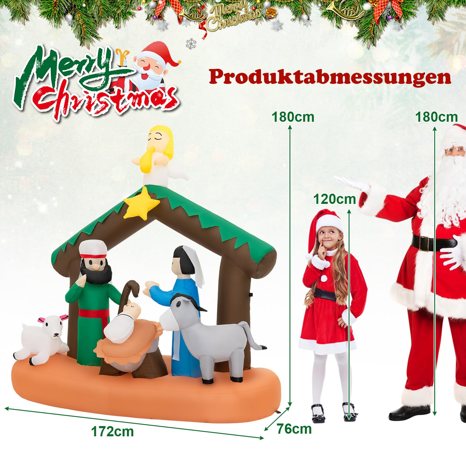 COSTWAY 180 cm Aufblasbare Weihnachtskrippe, Weihnachtsdeko mit LED-Lichter, Nachstellung der Geburt Jesu, Weihnachtsbeleuchtung, Weihnachtsdekoration für drinnen und draußen, selbstaufblasend