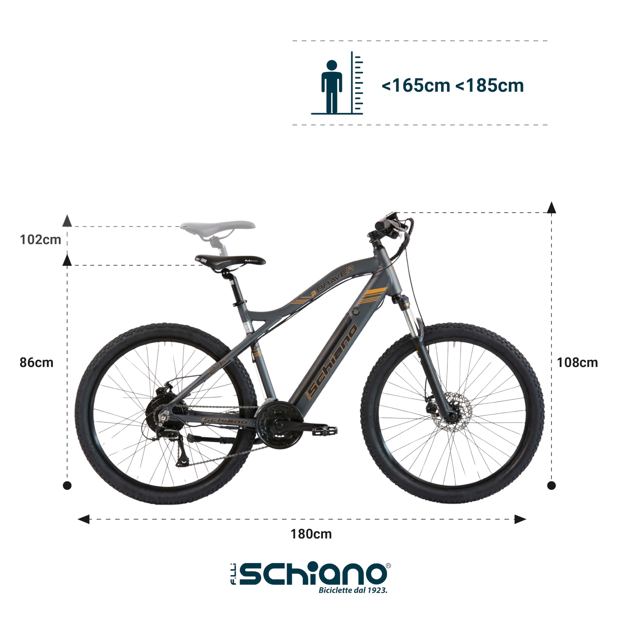 F.lli Schiano Braver, Bicicleta Electrica MTB, 27.5", Batería 36V 11.6Ah Extraíble, Motor 250W 50Nm, Bici Electrica de Montaña, Unisex Adulto