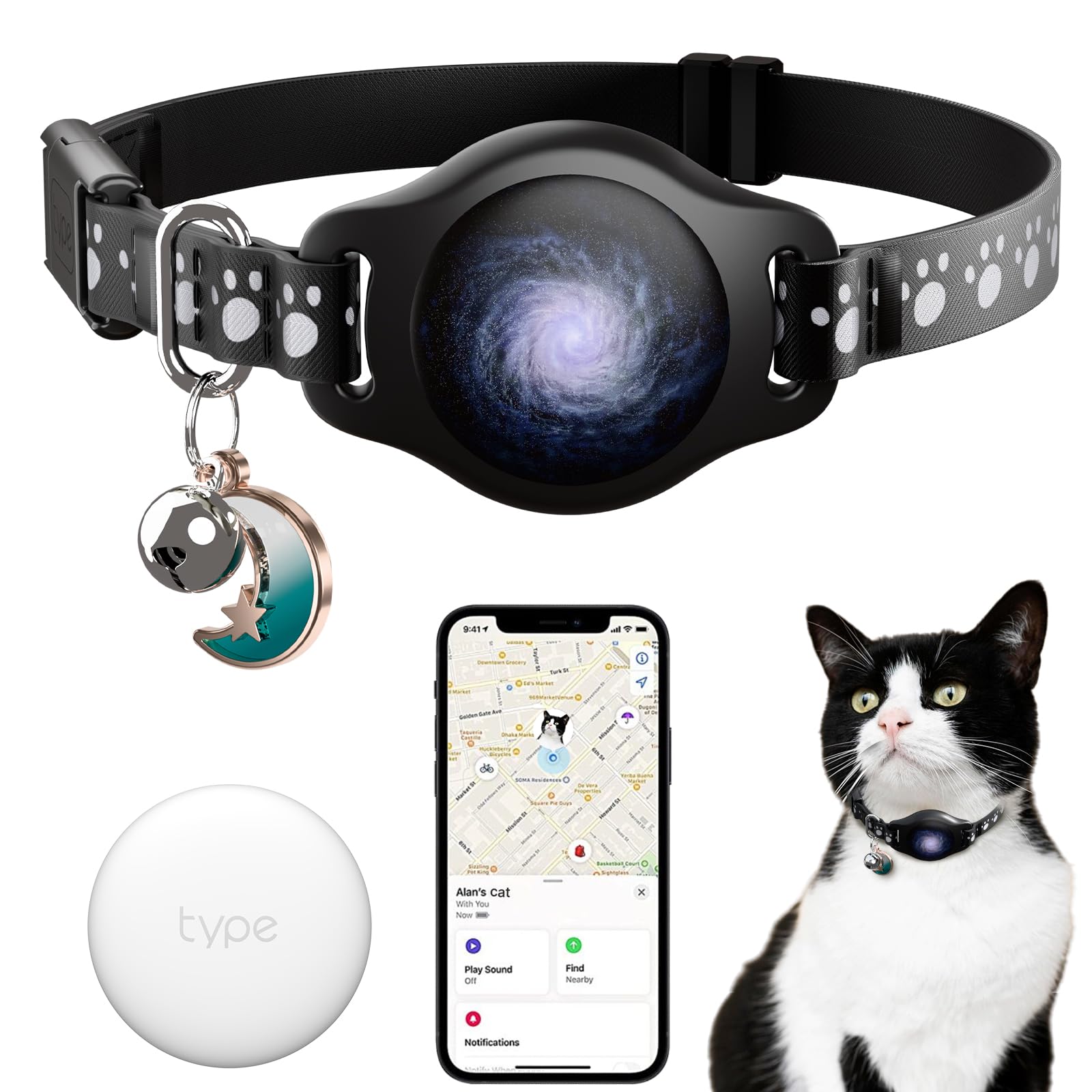 Cat Tracker Collar Waterproof Airtag Cat Collar with Finder Tag (iOS ONLY Not for Android Devices), Compatible with Apple Find My, Breakaway Tractive with Reflective Pattern & Bell, Black, 8-12"