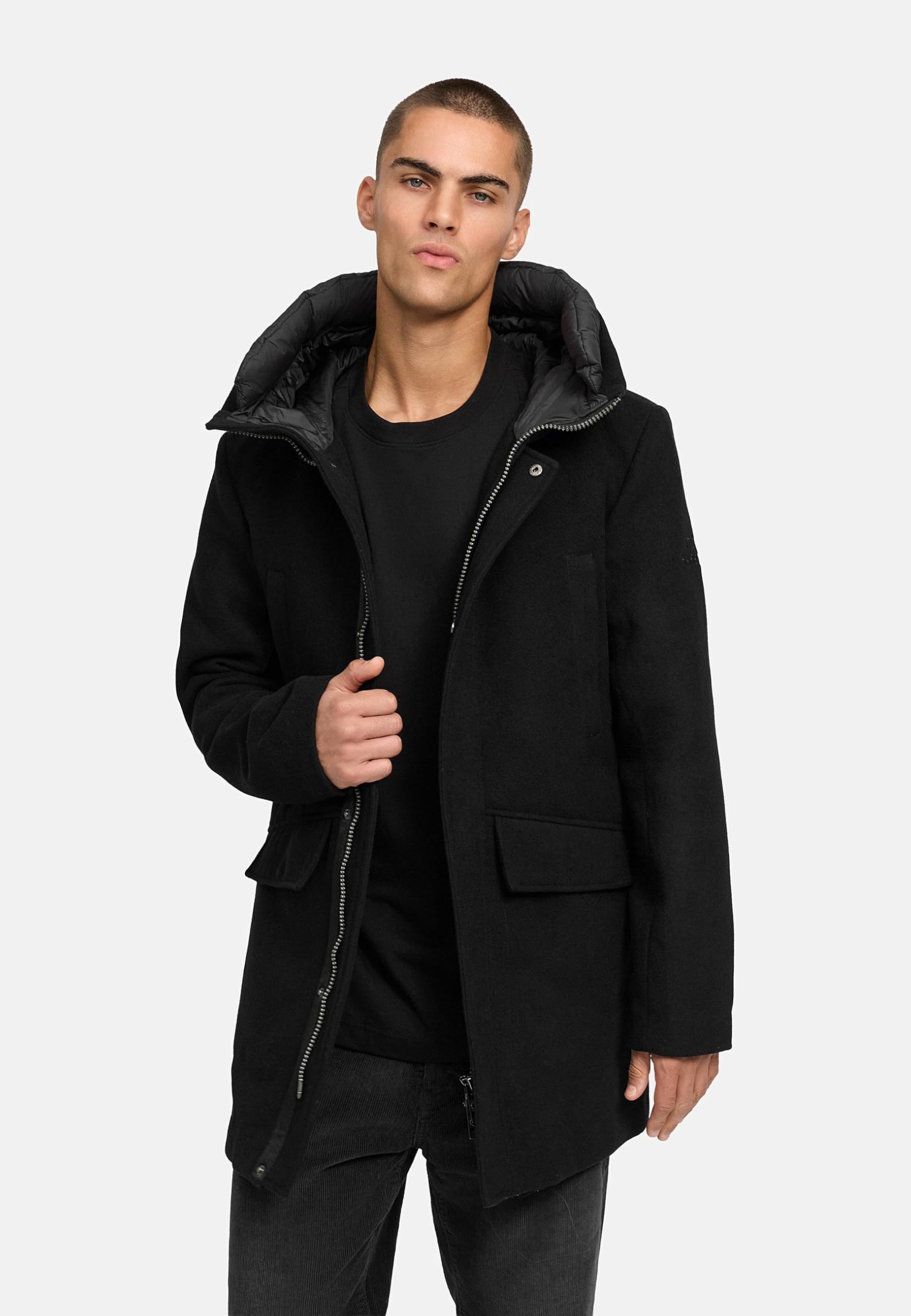 STONE HARBOUR Herren sportlich-eleganter Wintermantel in Wollmantel-Optik mit Brusttaschen und abnehmbarer Kapuzenblende Fenroos XX S-3XL
