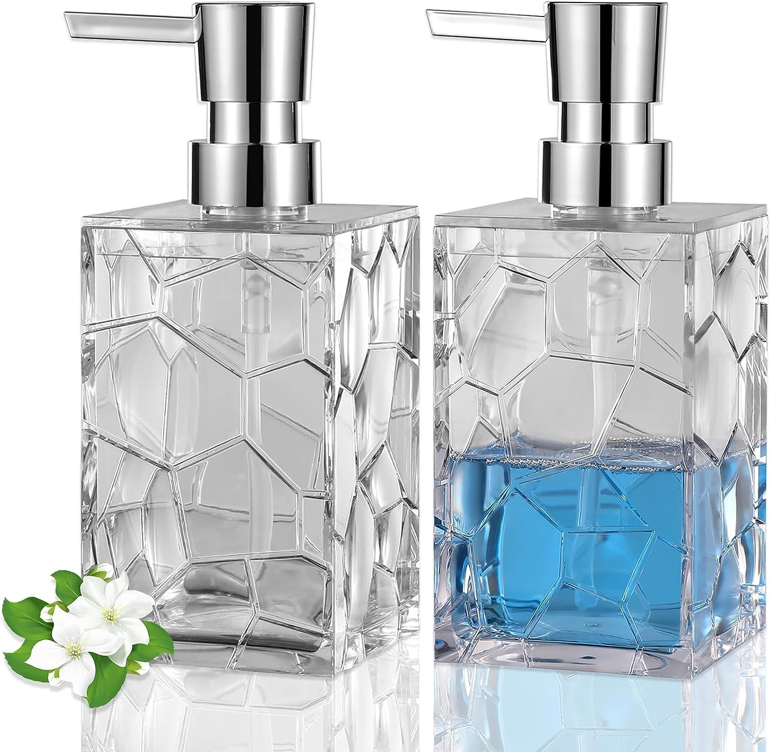 2 PCS Soap Dispenser Set, 320ml Clear Acrylic Liquid Pump Bottles for Soap Lotion, Refillable Square Empty Glass Bottles, Refillable Liquid Hand Soap Dispenser for Kitchen Bathroom (Clear-2 Pack)