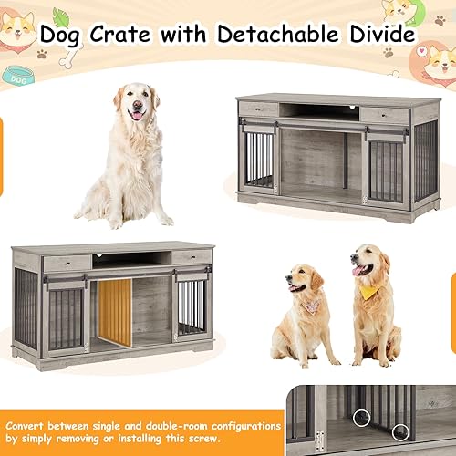 Miniatura 46 de Mueble doble para perros de 75 pulgadas, jaula 3 en 1 para perros grandes, soporte de TV gris duradero con bandejas y divisor, perrera doble