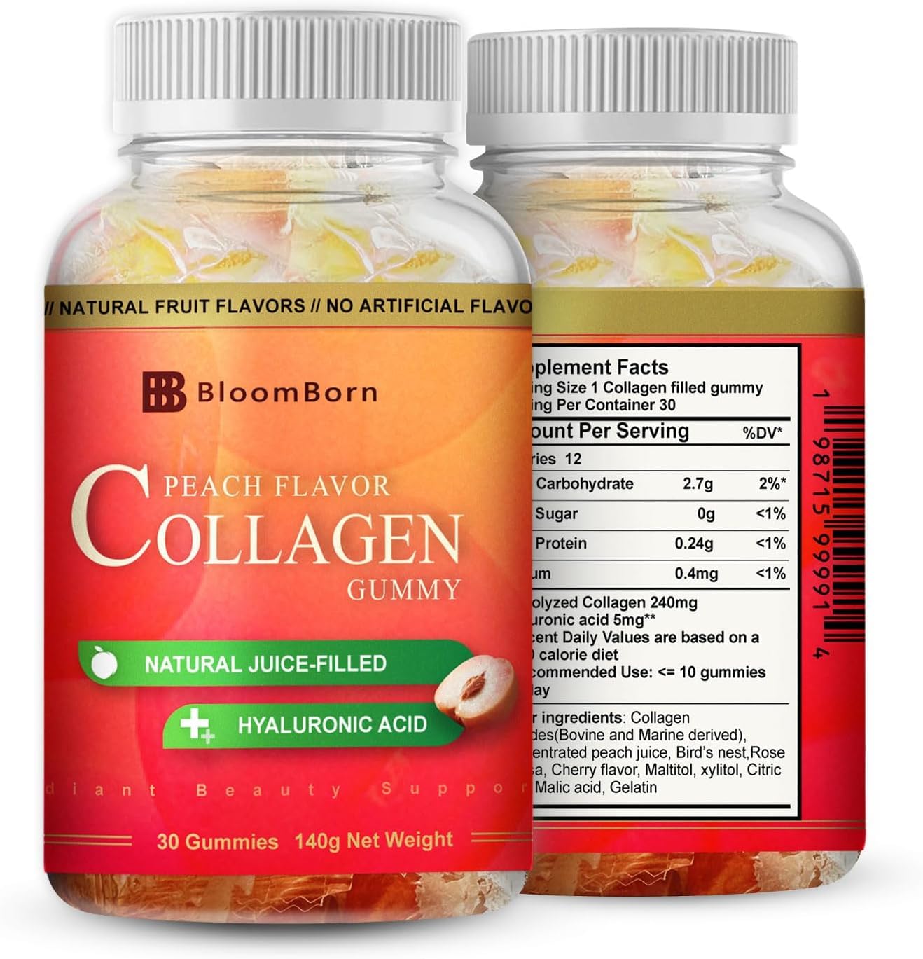Collagen Gummy Peach Flavor - Beauty Health Joint Bone Boost - Women and Men -30 Count Filled Gummies