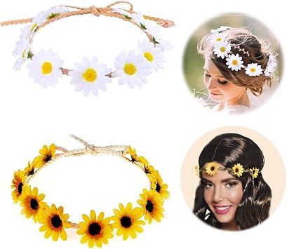 GWAWG 2Pcs Daisy & Sunflower Flower Headband Crown Boho Floral Hair Wreath - Adjustable Headpiece for Women & Girls - Wedding, Beach, Festival