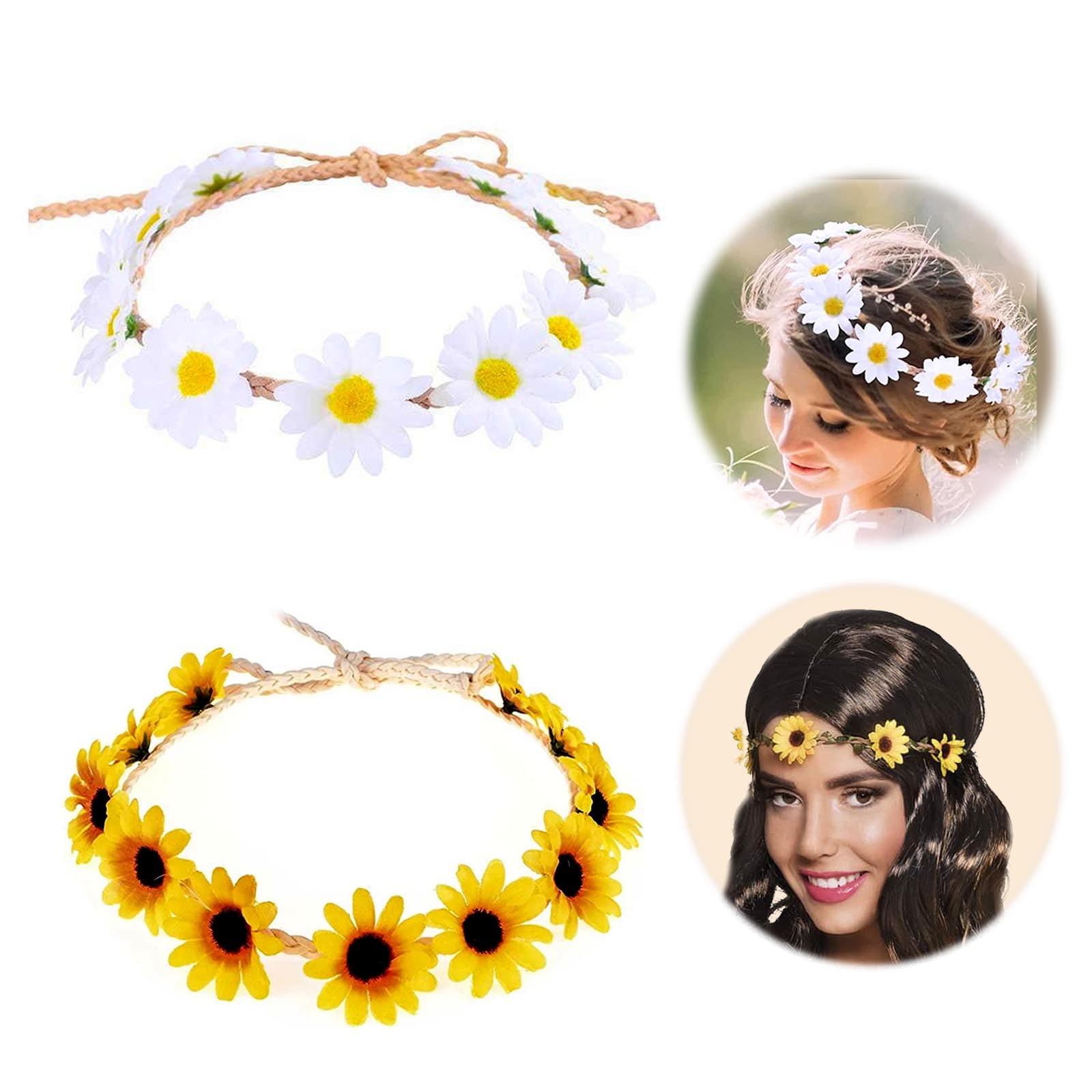 GWAWG 2Pcs Daisy & Sunflower Flower Headband Crown Boho Floral Hair Wreath, Adjustable Headpiece for Women & Girls, Wedding