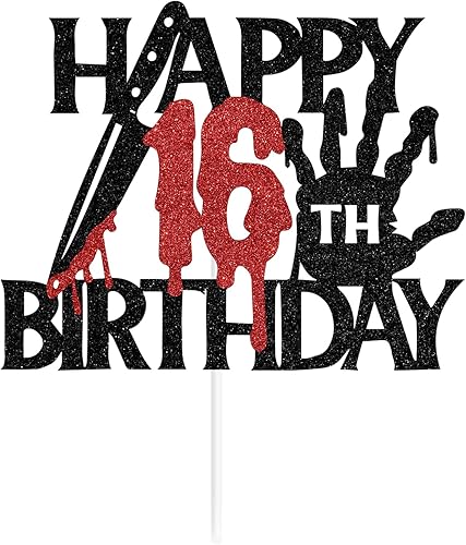 Miniatura 7 de Decoración para tartas de cumpleaños número 16 con purpurina negra, con texto en inglés Have a Killer Birthday o nivel 16 desbloqueado, decoración