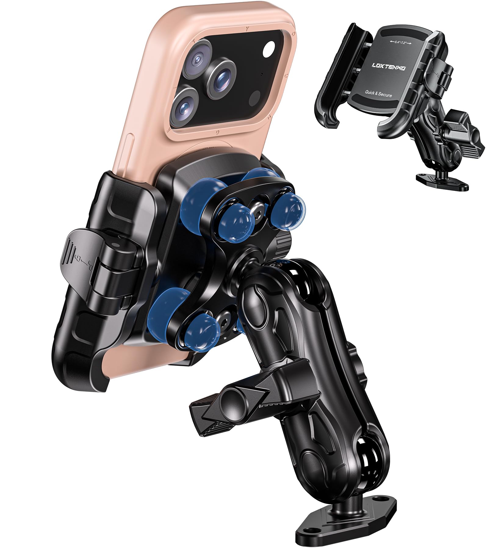 LOKTENWO Anti-Vibrations-Telefonhalterung mit Vibrationsdämpfer [Kamera ohne Blockierung] [1s Lock & Release] mit mittlerem Arm und Aluminium-Diamant-Basis für Auto, LKW, UTV, Boot, passend für