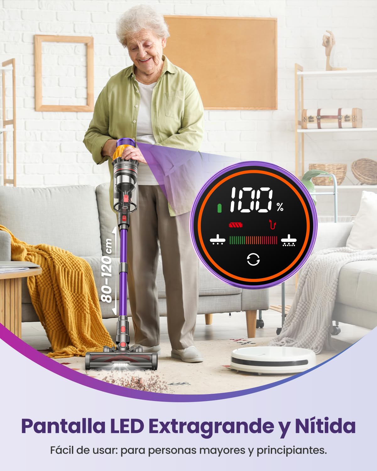 Aspiradora sin Cable con 2 Baterías, 150Min/55Kpa/600W, 2.0L Escoba Aspiradora Antienredos, Filtración de 11 Capas, Pantalla Táctil, Aspirador de Mano para Suelo/Alfombra/Pelos de Mascotas
