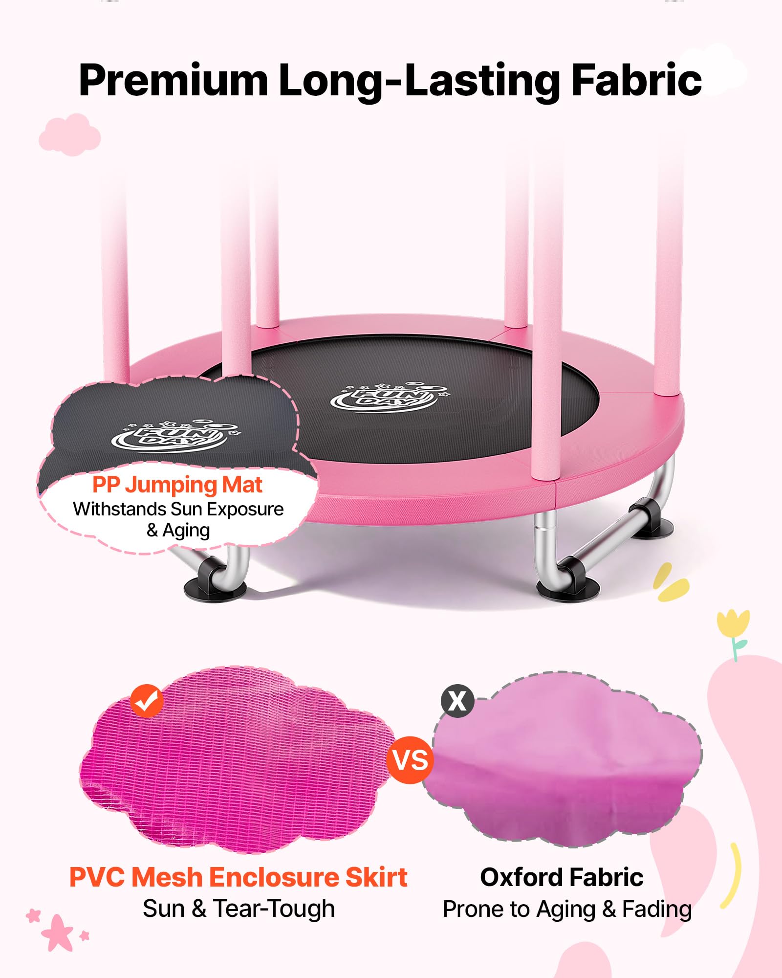 VEVOR Trampolino Elastico per Bambini 142 cm Carico 60 kg Rete Protezione, Giocattolo per Divertimento Esercizio Bambini da Interno Esterno Barra Regolabile, Trampolino Uso Domestico, Colore Rosa