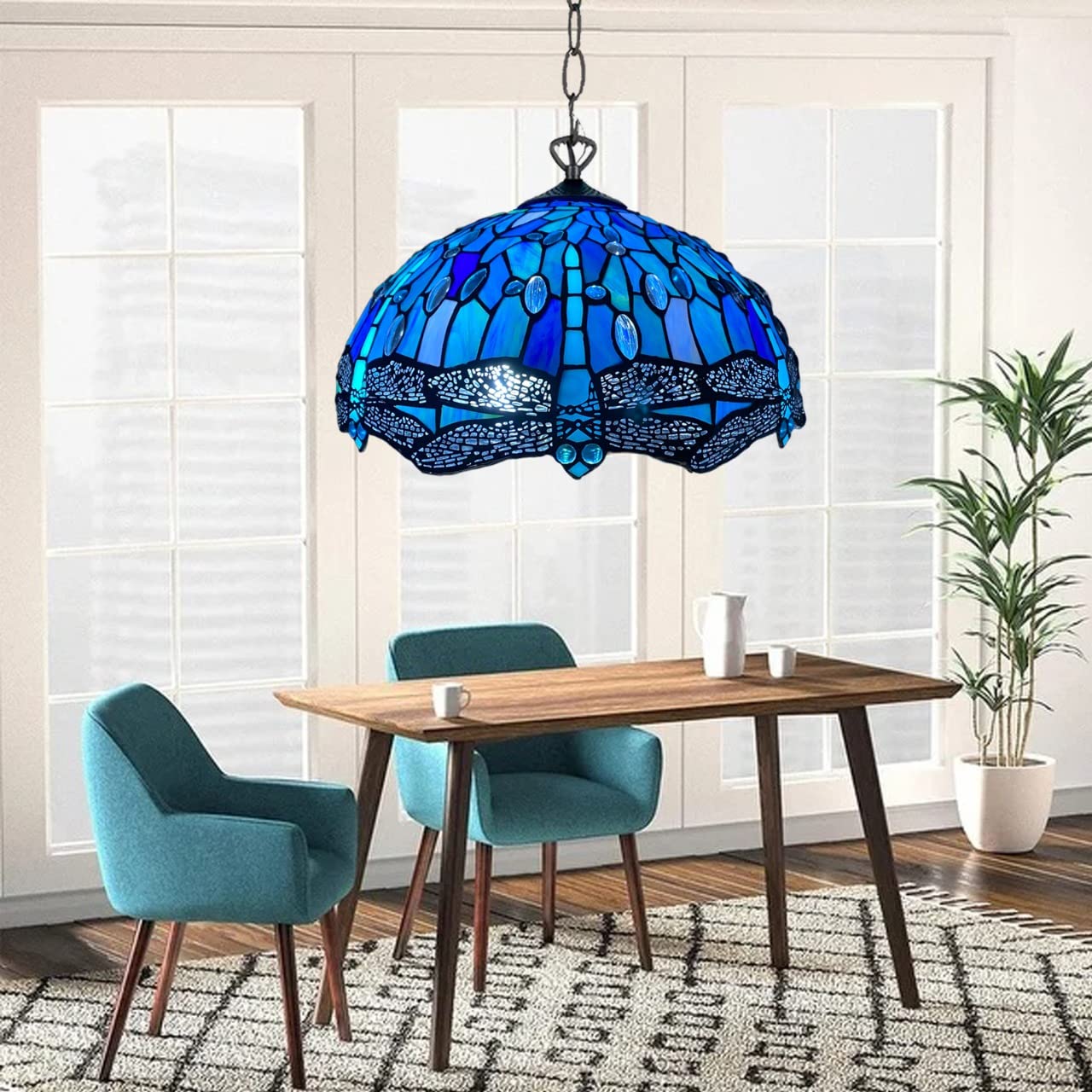 Auroh Multicolor Tiffany Pendant Light 16In Sapphire Blue Dragonfly - Stained Glass Shade
