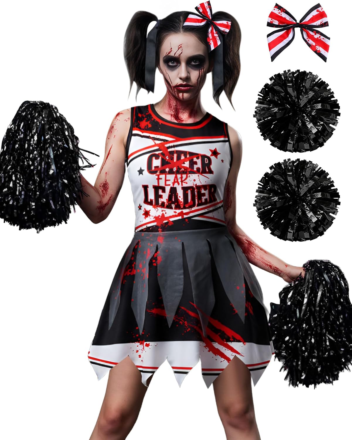 JenPen Scary Halloween Cheerleader Outfit for Girl Kid Bloody Cheerleader Costume Bow Set Dress up Cosplay Party White Gauze 7-9 Years