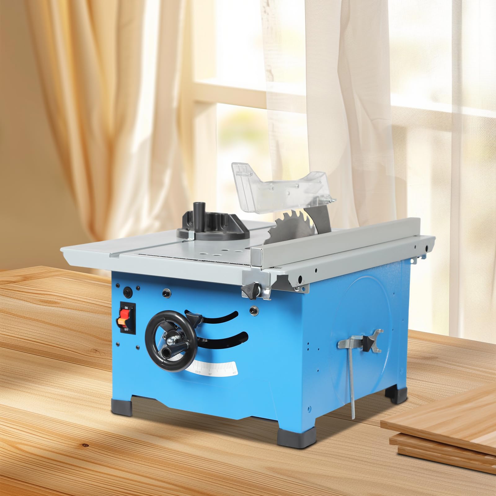 Mini sierra de mesa circular de mesa para corte de madera y trabajos de bricolaje, 1400 W, 4200 rpm, con hoja de sierra ajustable, corte de inglete de 0 a 45°, para herramientas de artesanía y