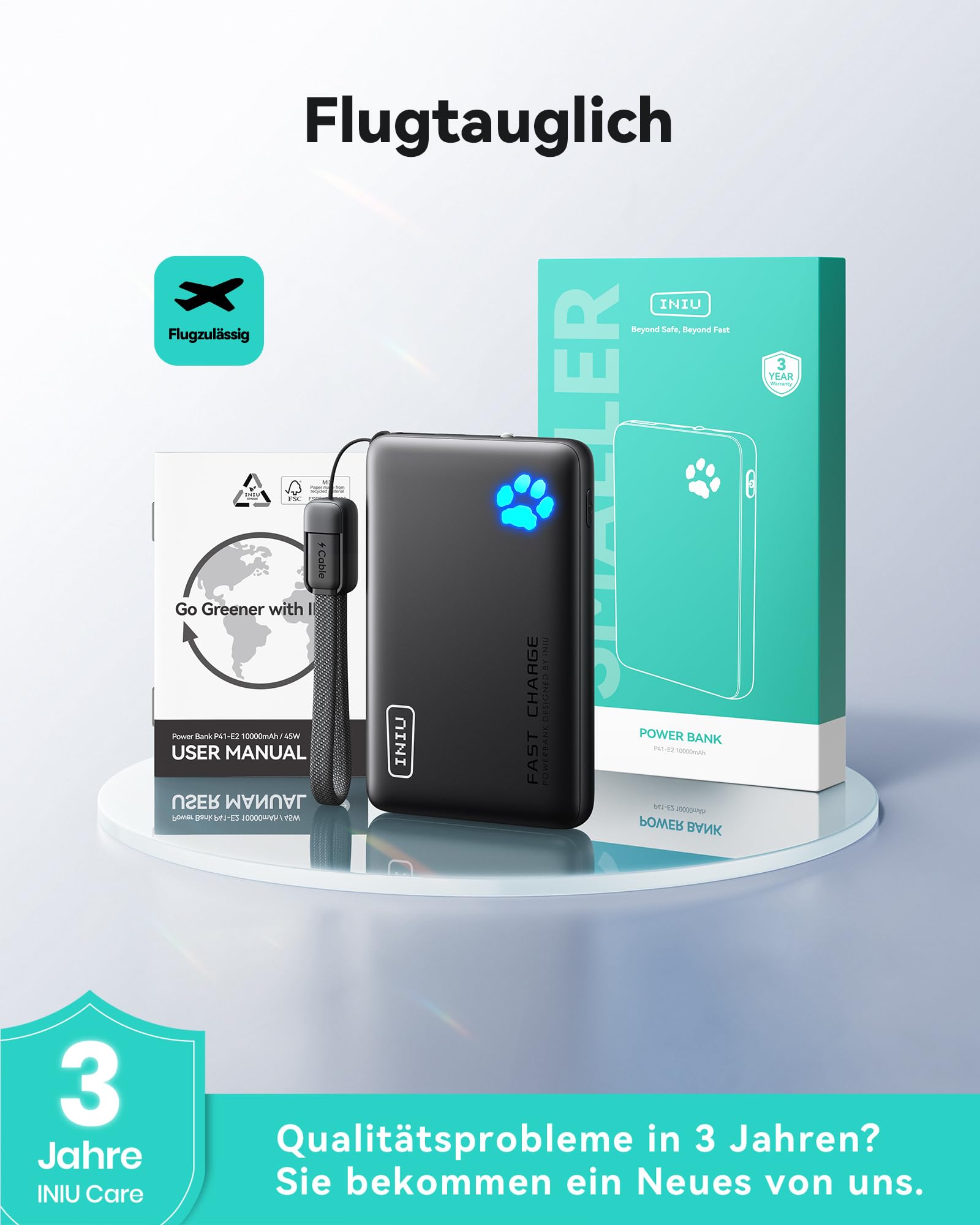 INIU Power Bank, Kleiner 45W Schnellladen 10000mAh Powerbank mit Abnehmbar USB C Kabel, Flugtauglich & Reise-Essential, Externe Handyakkus für iPhone 17 16 15 Pro, Samsung S25, Xiaomi, iPad etc