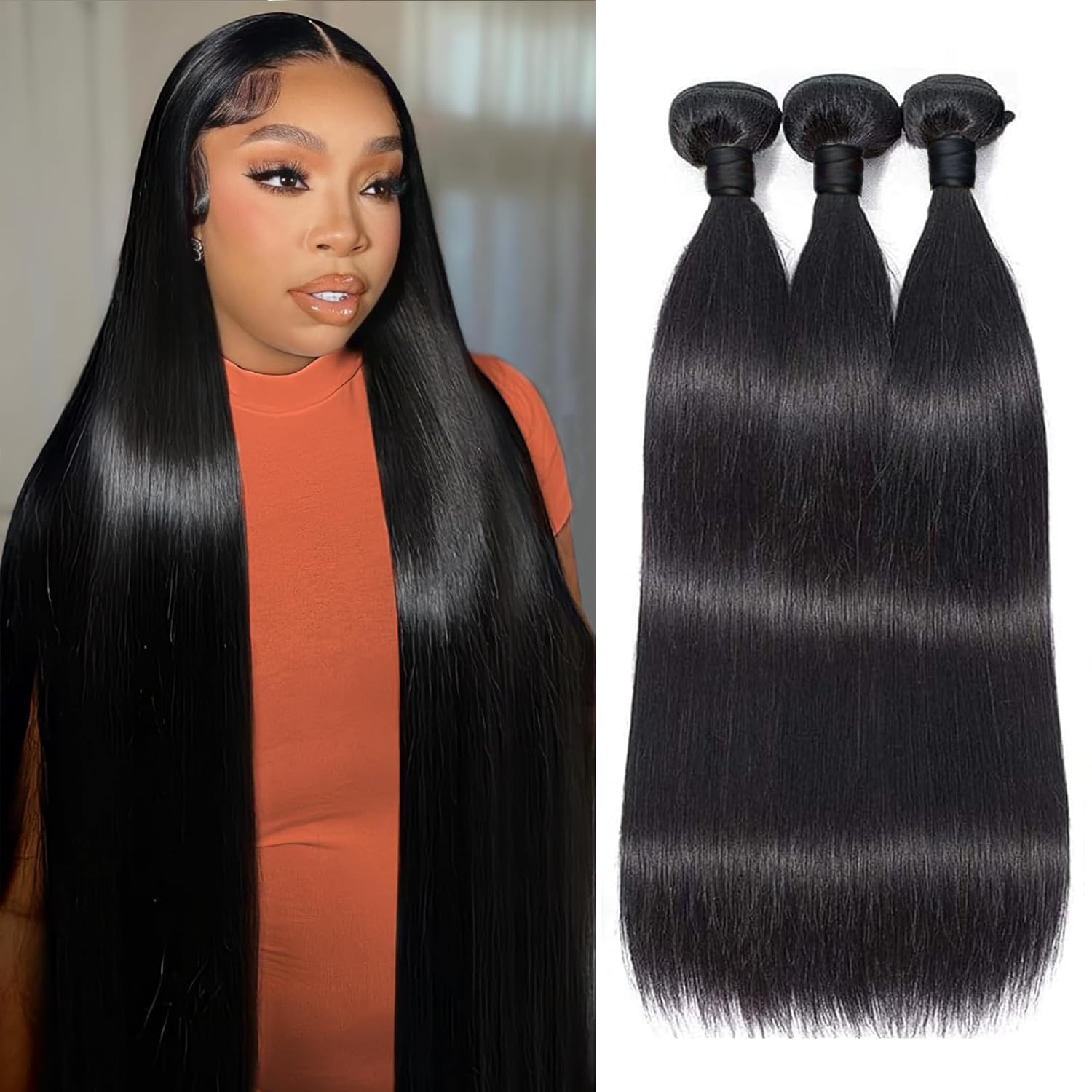 Tissage Brésilien Lisse Tissage Naturel Cheveux Humain Straight Human Hair Bundles Couleur Naturelle Human Hair Extensions Double Weft Remy Hair 3 Bundle for Woman 14 16 18 Pouces