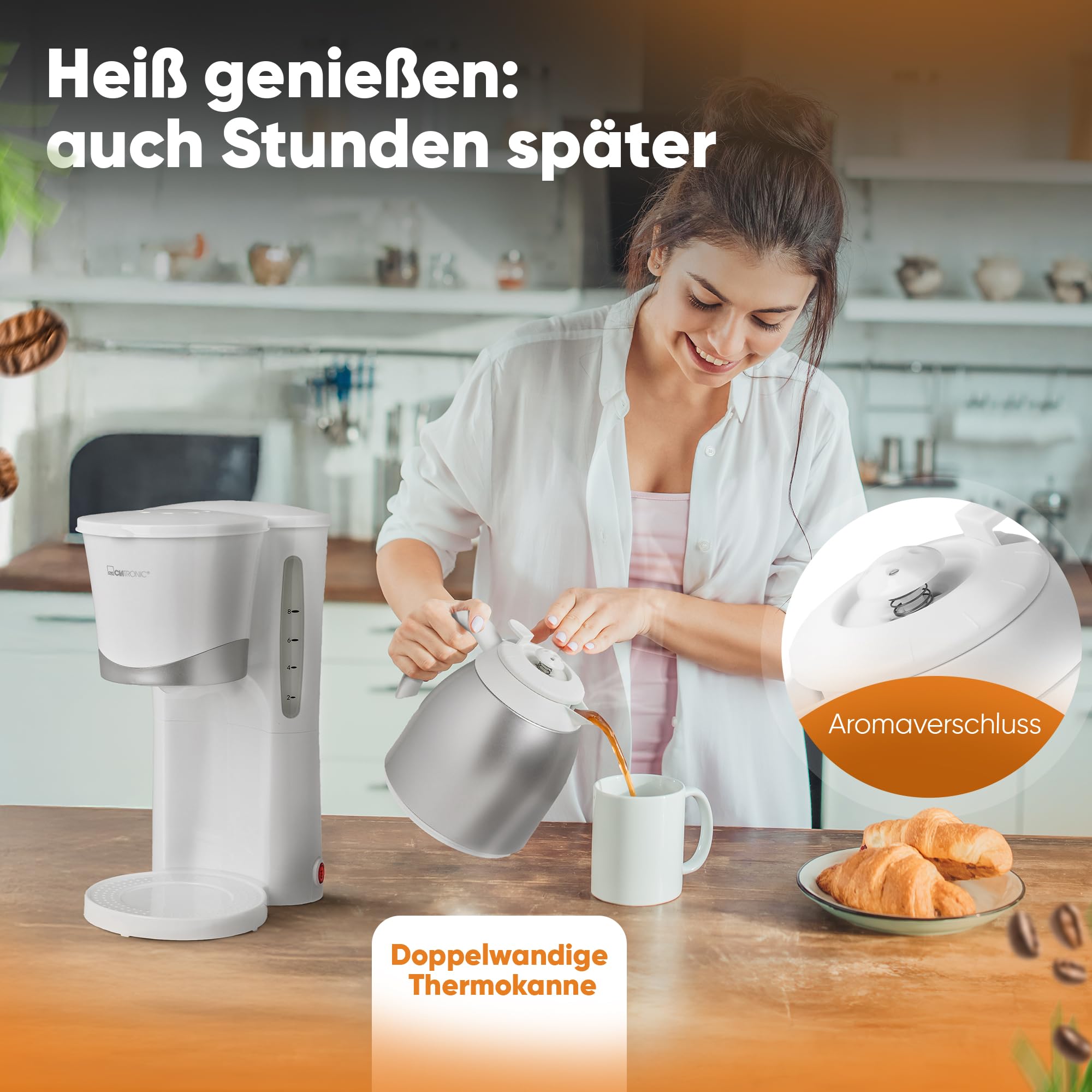 Clatronic KA 3327 - Cafetera eléctrica de goteo automática con jarra termo, máquina café de filtro capacidad 8 a 10 tazas, 1 litro, función de mantenedora calor, 870 W, color blanca