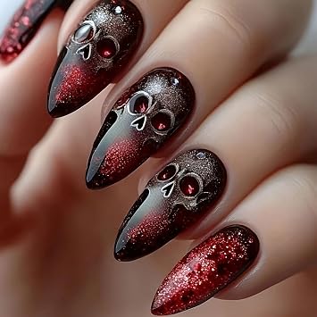 Halloween Press on Nails Medium Almond MABKJLF Fake Nails Horror False Nails with Skull Designs Red&Black Glossy Glue on Nails Stick on Nail for Women Girls 24Pcs