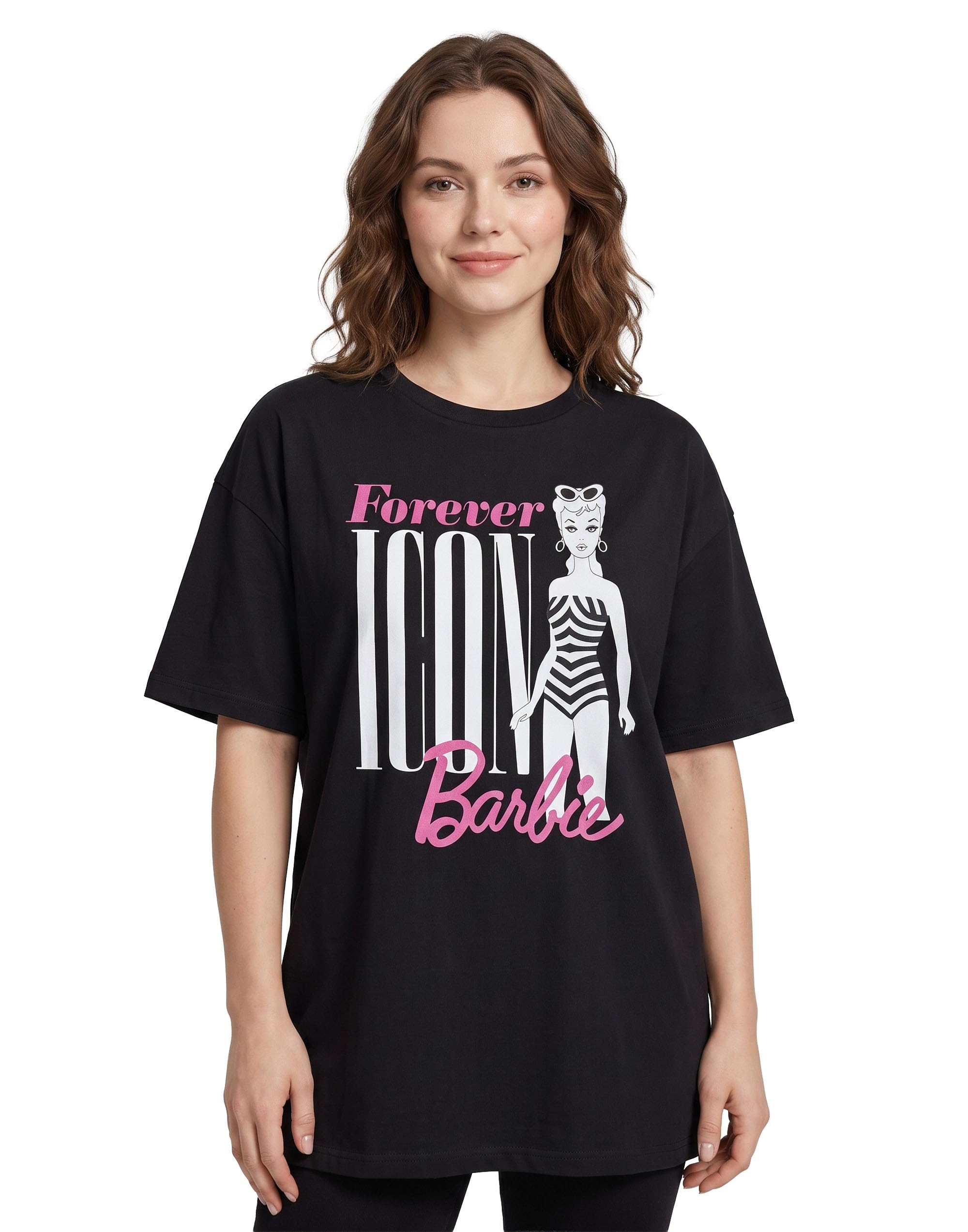 Barbie Women's Black T-Shirt Dress | Forever Icon Graphic Tee | Short Sleeve Retro Fashion Top | Doll Movie Merchandise Gift Brand Apparel for Her