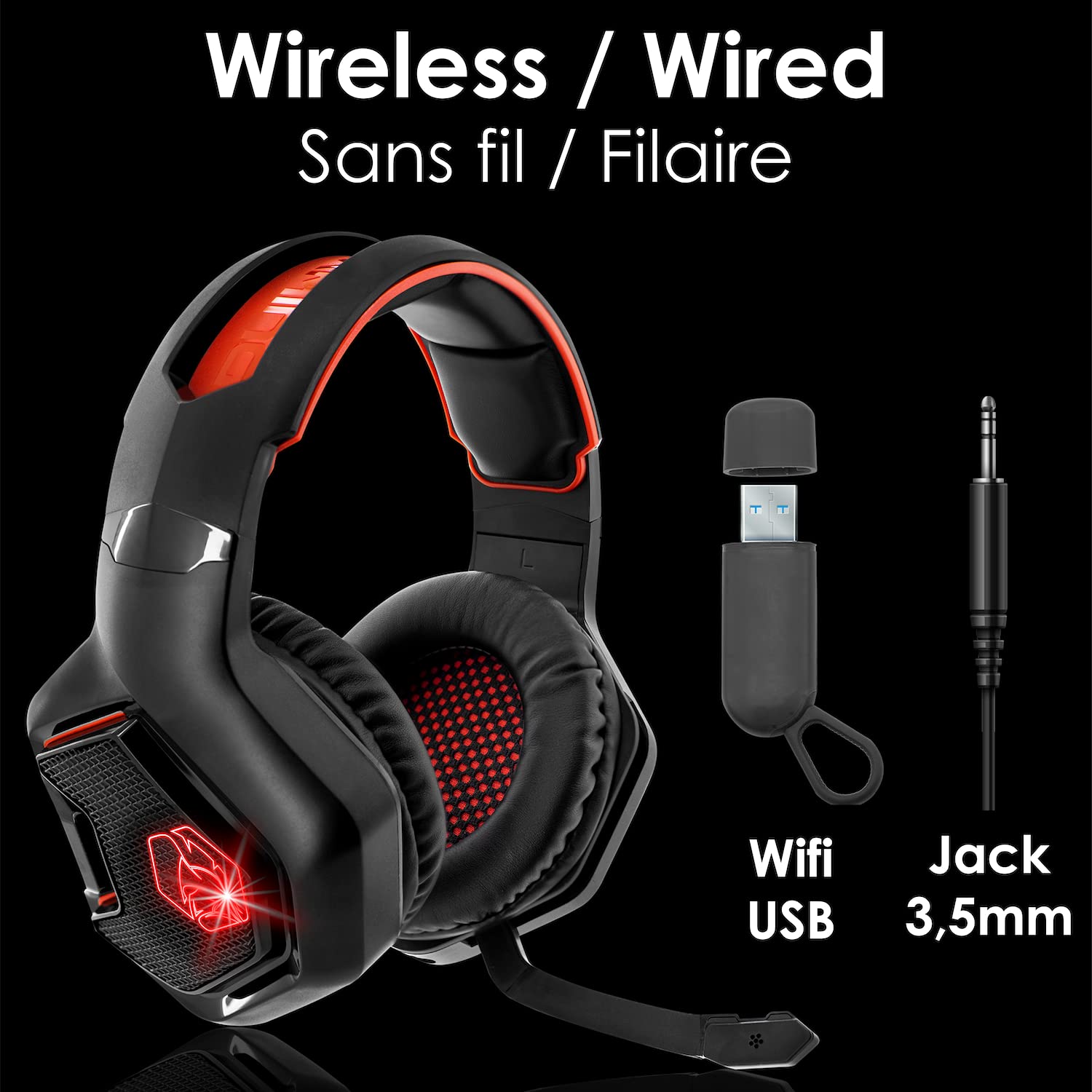 EMPIRE GAMING - WarCry P-W1 Cascos Auriculares Gaming Inalámbrico con Micrófono - PC/PS4/PS5/Xbox/Switch/Mac -2,4 GHz Wireless - Sonido Estéreo Surround -LED Roja