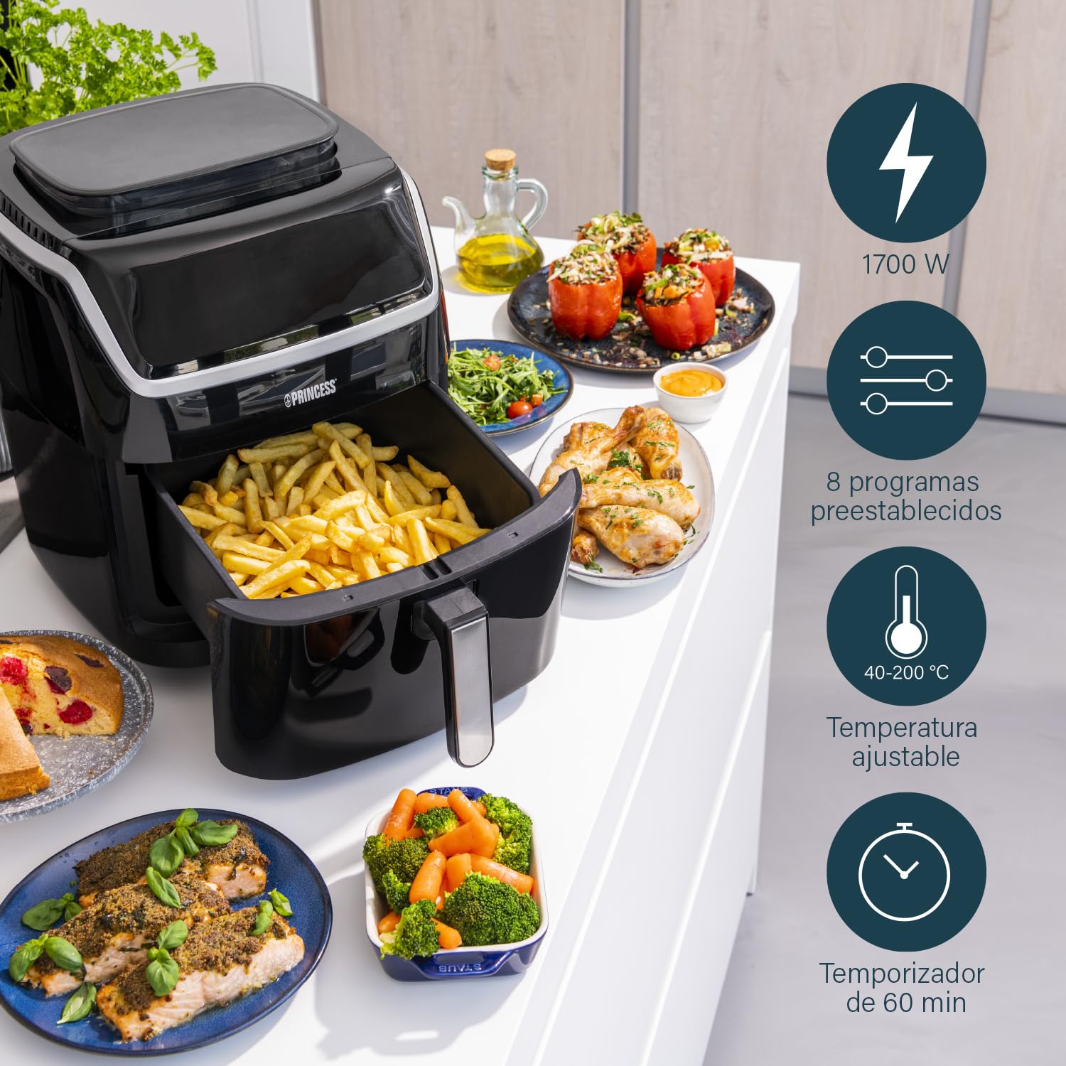 Princess 182080 Freidora sin aceite y vaporera 2 en 1 multifunción, capacidad 6.5 L, Ahorra hasta un 62,2% de energía, 8 programas, panel digital táctil, recetario en PDF y accesorios incluidos