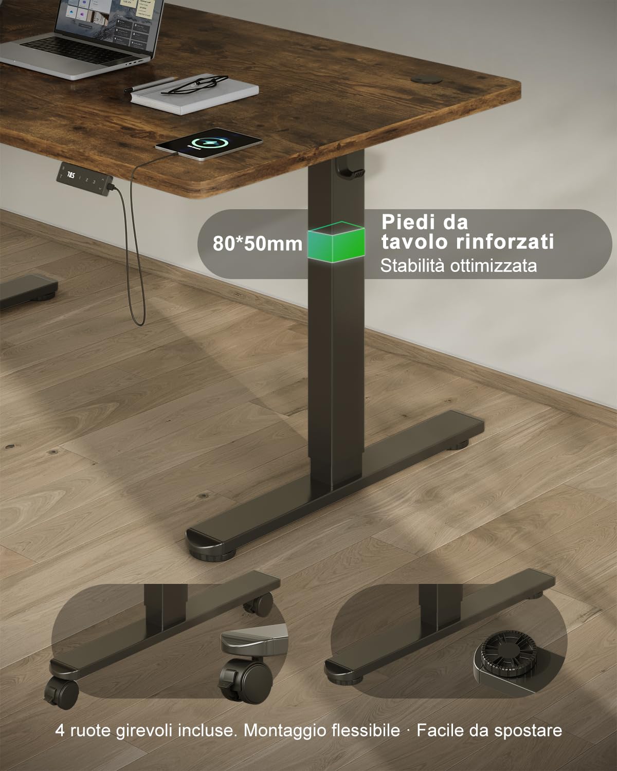 Devoko Scrivania Regolabile in Altezza 200x100 cm Marrone Ufficio con Ruote | Gestione cavi e Type-C, 4 livelli memoria, anticollisione, Regolazione fluida, silenziosa, ergonomica per ufficio e casa.