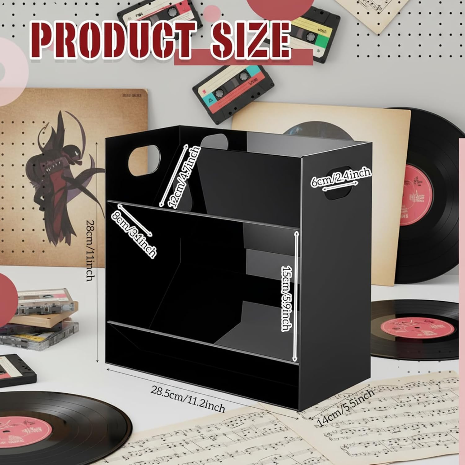 Kathfly Clear Acrylic Cassette Tape Holder Modern 2 Tier Retro Audio Tape Deck Storage Display Rack Case with Cutout Handles for Desks Shelves Living Rooms Studios Workspaces (Black)