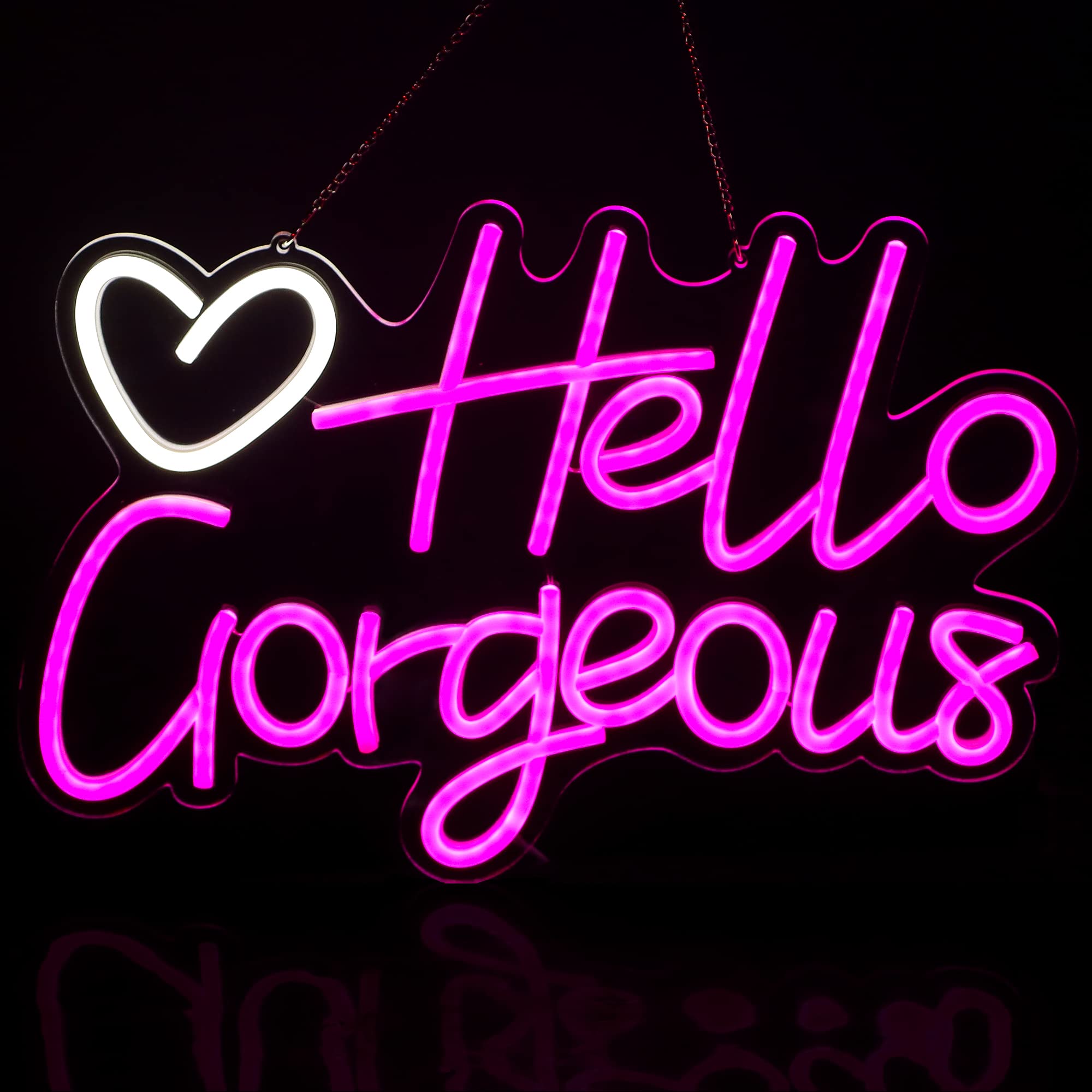 Hello Gorgeous Neon Signs for Wall Decoration Night Light, Pink Glow LED Neon White Letter Heart Decorative Wall Light for Girls Room Holiday Party Romantic Wedding Decor USB Power Supply 5V — image 1