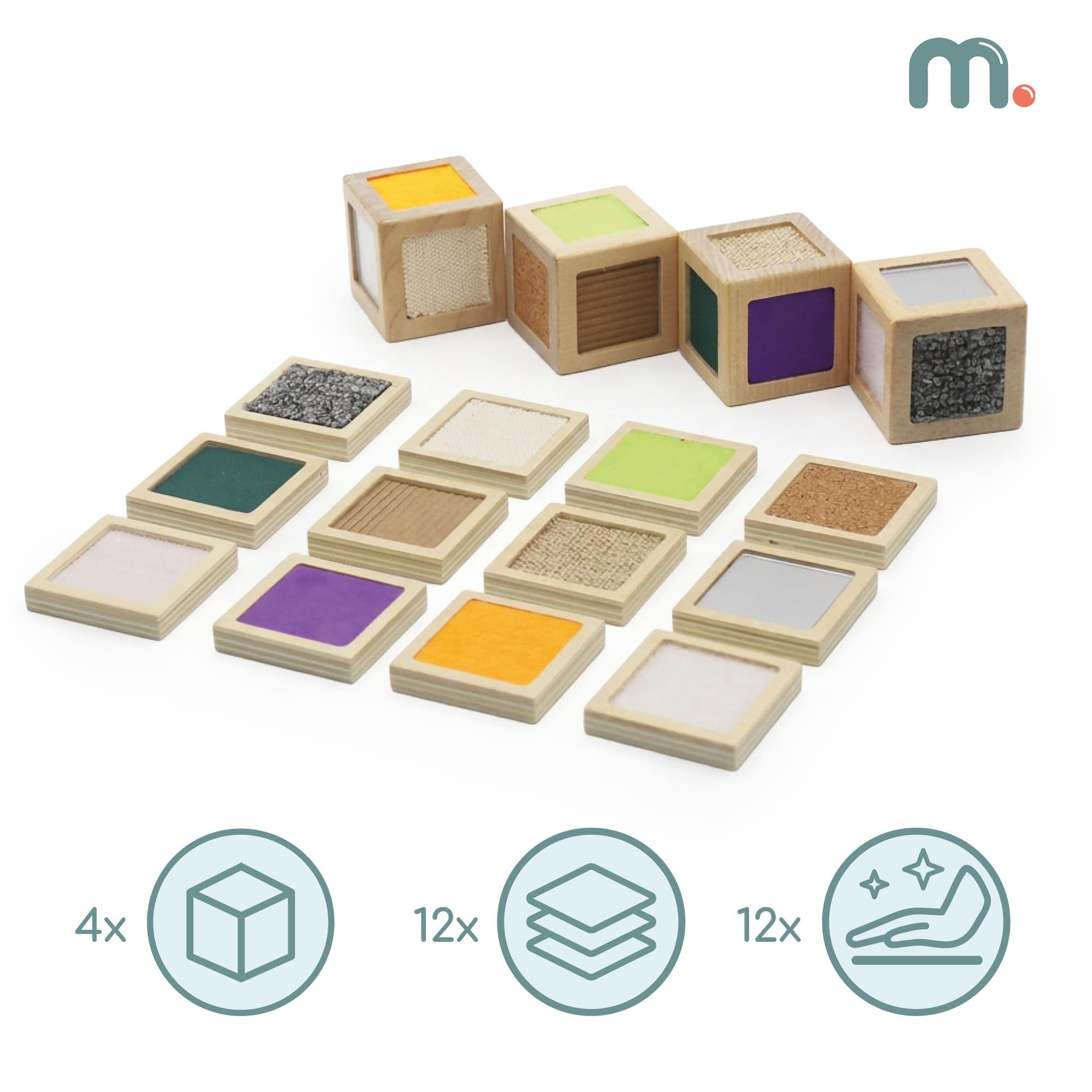 mamabrum Blocchi sensoriali in Legno Montessori, 4 cubi con 12 Texture e 12 Tessere da Abbinare, Gioco tattile educativo per Bambini da 1 Anno, Gioco Naturale per Movimento in casa