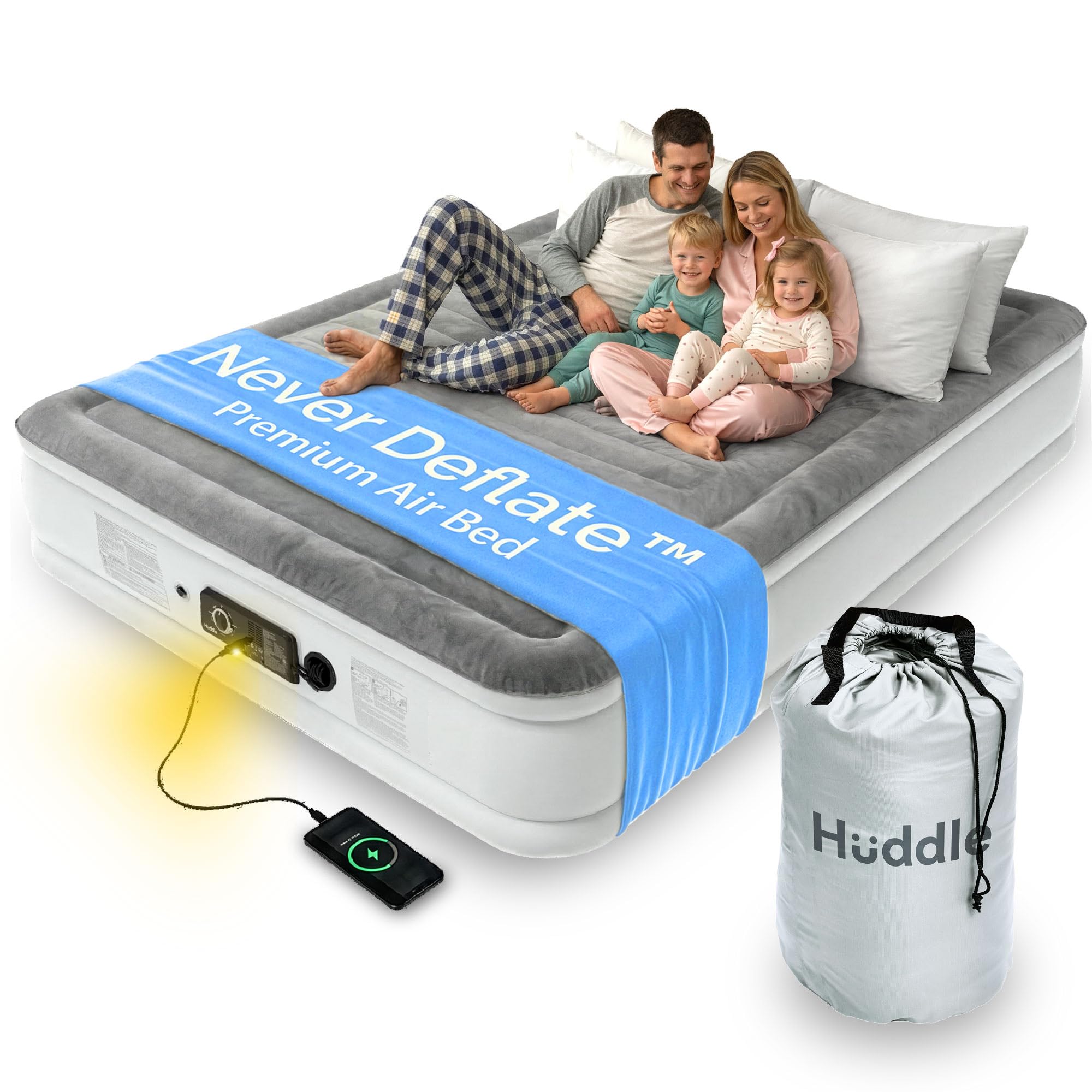 Huddle® Lite Inflatable Air Bed with Built-In Pump – Inflatable Mattress, Comfortable Flocked Top, Raised Height – Blow up bed for Camping, Guests, and Spare Rooms (Single/Double/King)