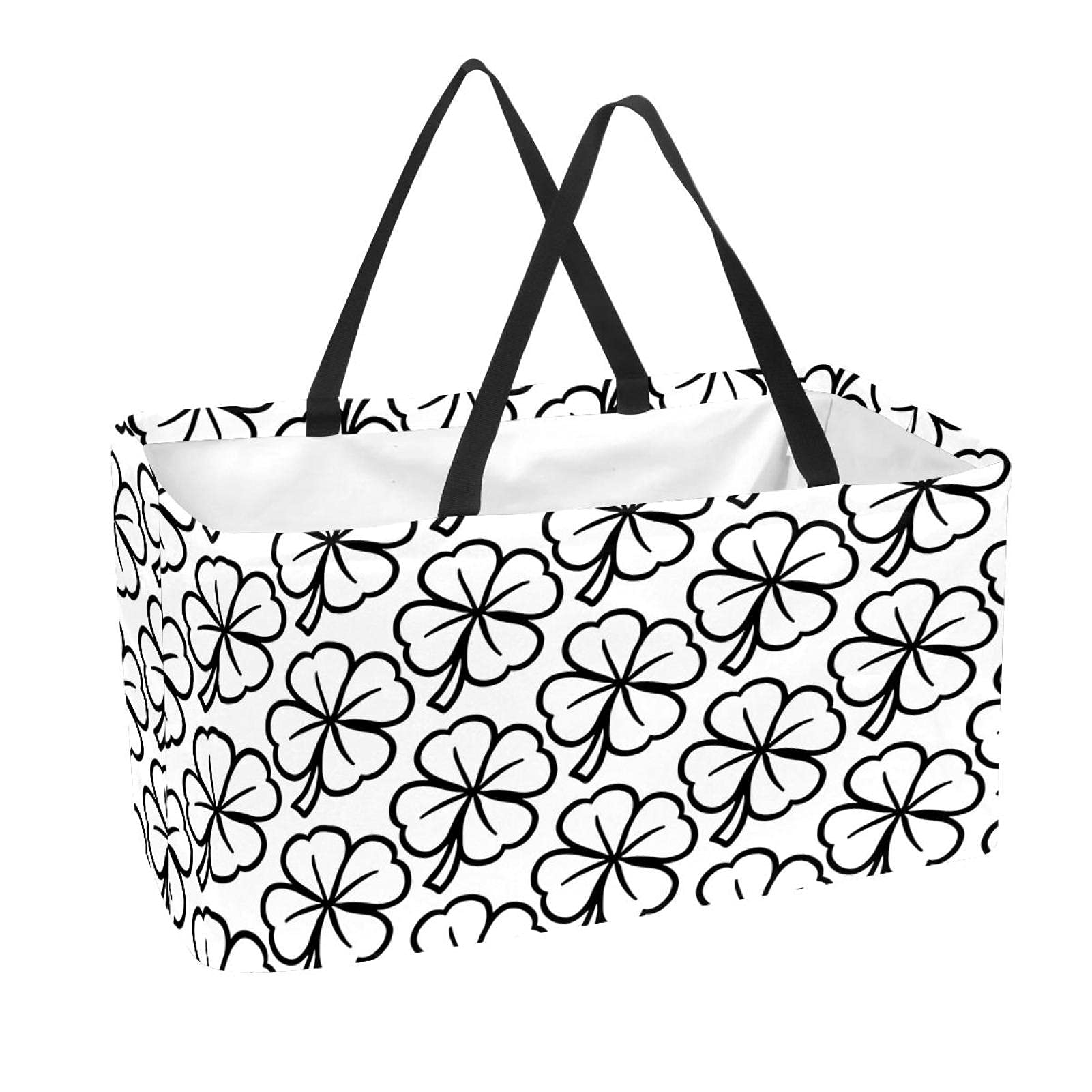 50L Shopper Bags Lucky Irish Clover For St. Patrick's Day Black White Collapsible Shopping Box Grocery Tote Bag with Handles, Reusable