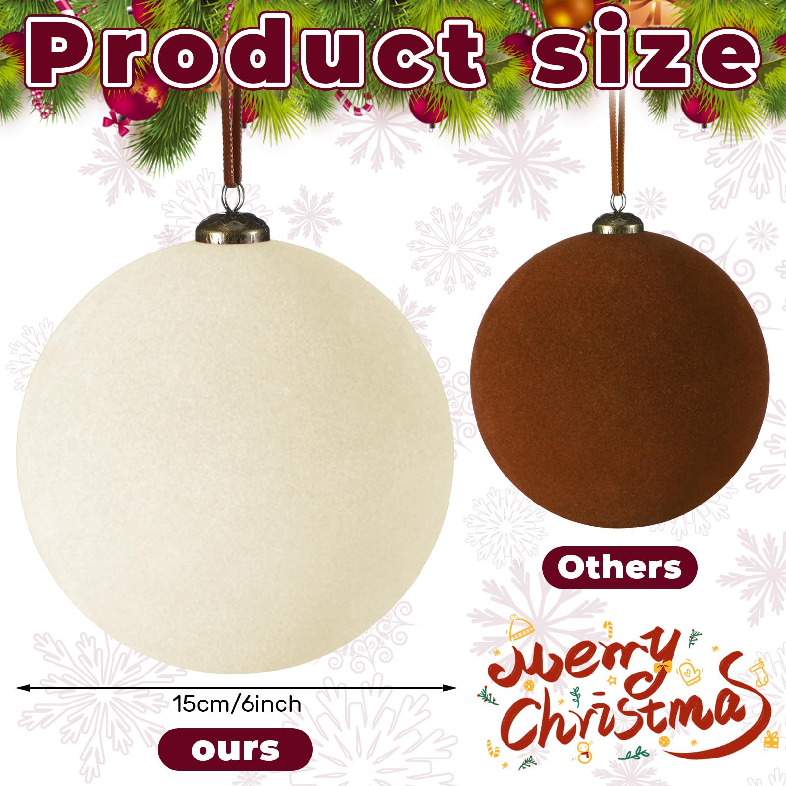 PullCrease 4 Pcs Large Velvet Christmas Balls 6 Inch Christmas Tree Decorations Christmas Ornaments Balls for Family Holiday Wedding Party Xmas Tree Hanging Decoration(Cream White)