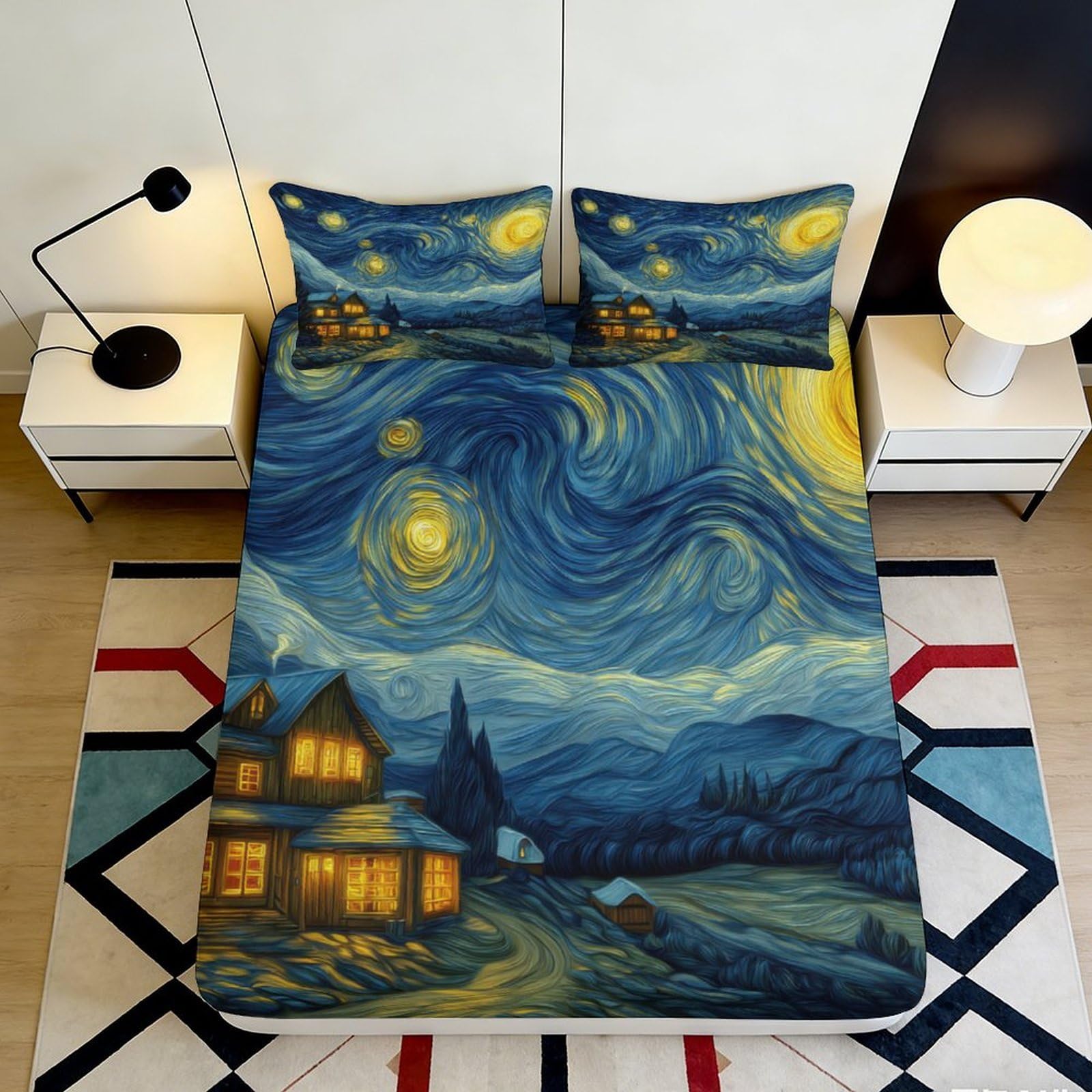 3D Printed Starry Night Fitted Sheet Microfiber Artistic Bed Cover for Bedroom Dorm Mattress Protection Decor 90x200x25cm