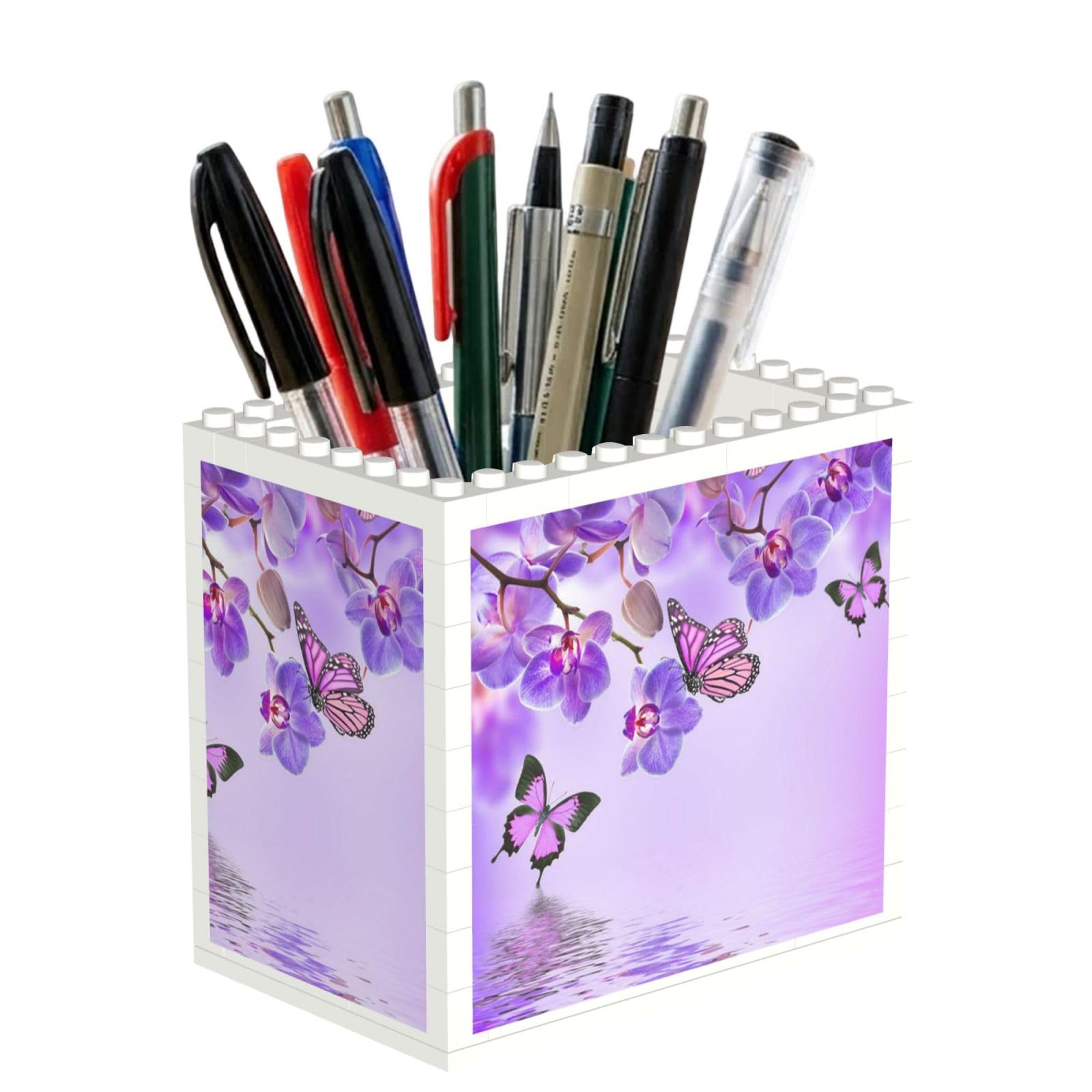 SATUSA Purple Butterfly Print Building Block Texture Pen Holder - Pencil Holder For Desk Pen Organizer,Aesthetic Desk Accessories For Women(1pcs)