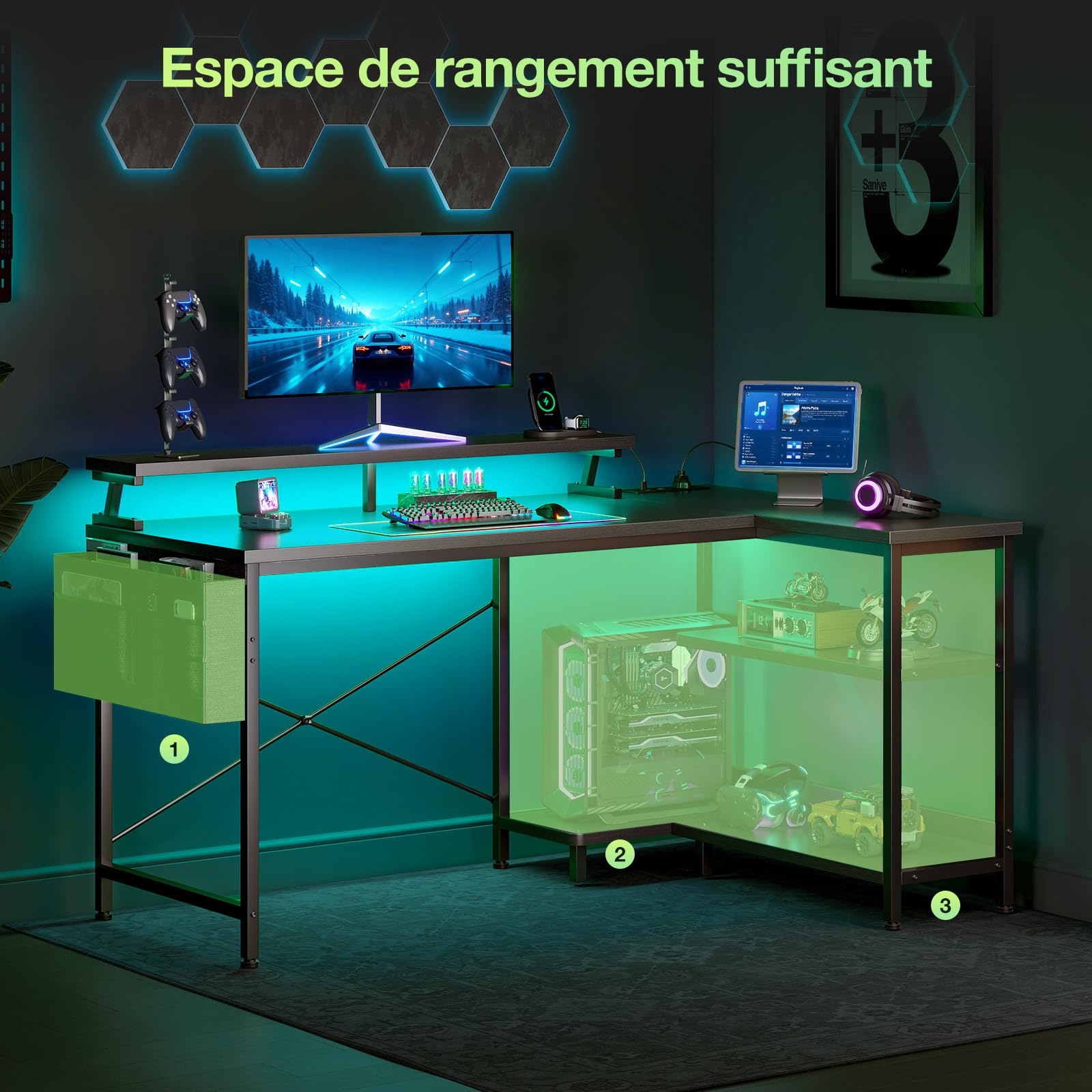 Coleshome Gaming-Tisch mit Stauraum, 120×80 cm Eckschreibtisch mit Regal & Stofftasche, reversibler L-förmiger Schreibtisch mit Steckdosen & LED für Büro & Arbeitszimmer, Schwarz