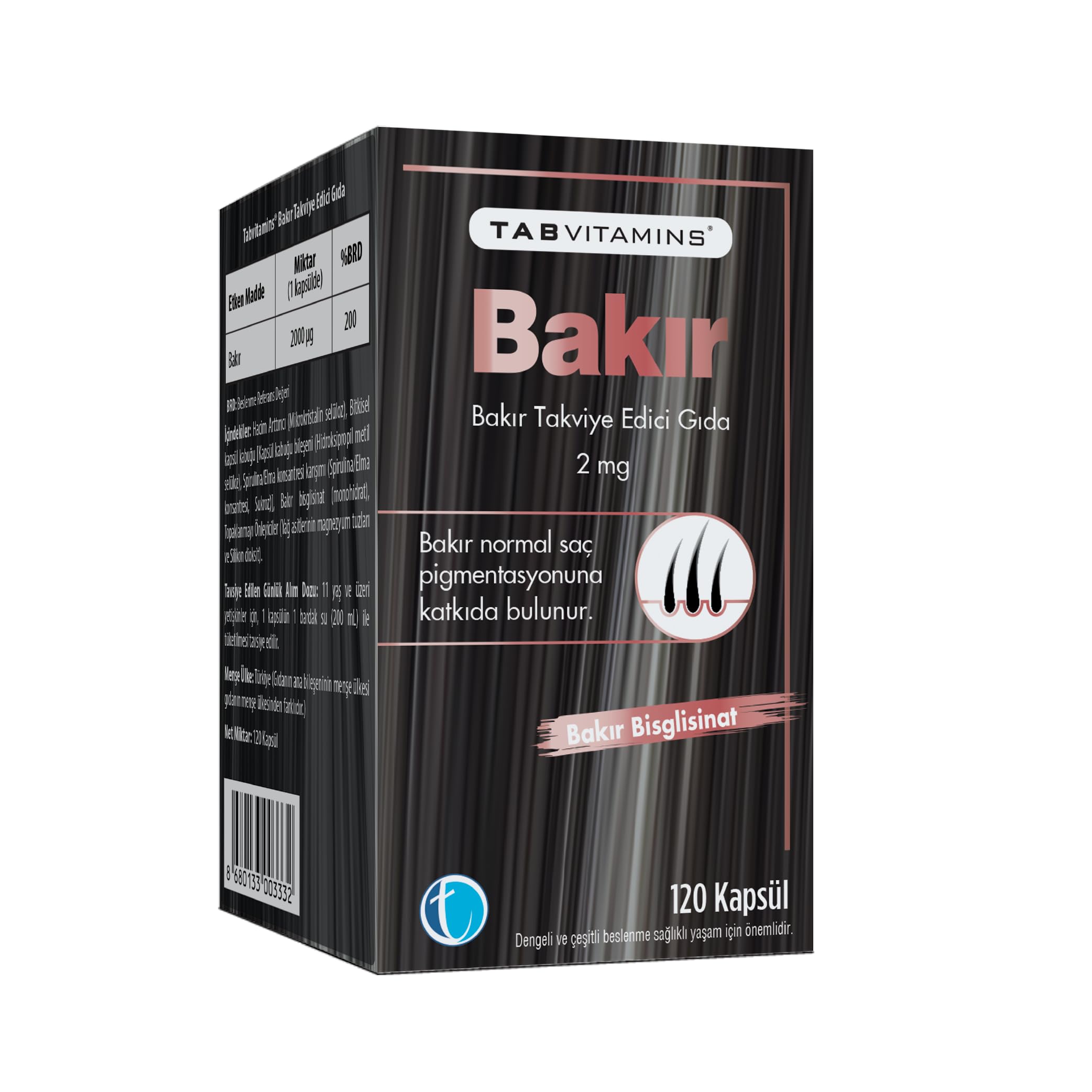 TABVITAMINS Bakır 120 Bitkisel Kapsül Bakır Bisglisinat 2 mg