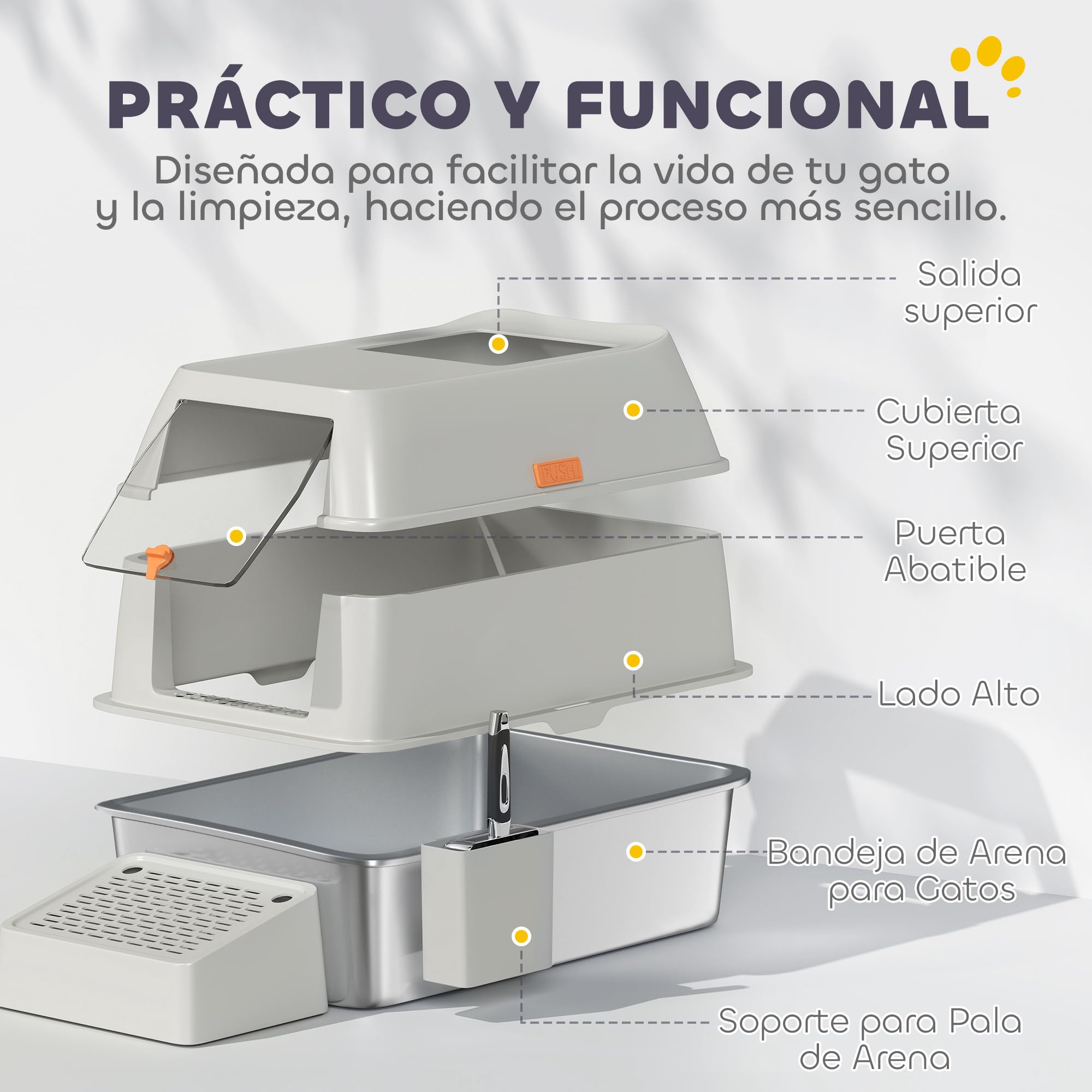 PawHut Arenero para Gatos Cubierto de Acero con Paso de Salida Gris Claro | Caja de Arena para Gatos, Pala de Acero