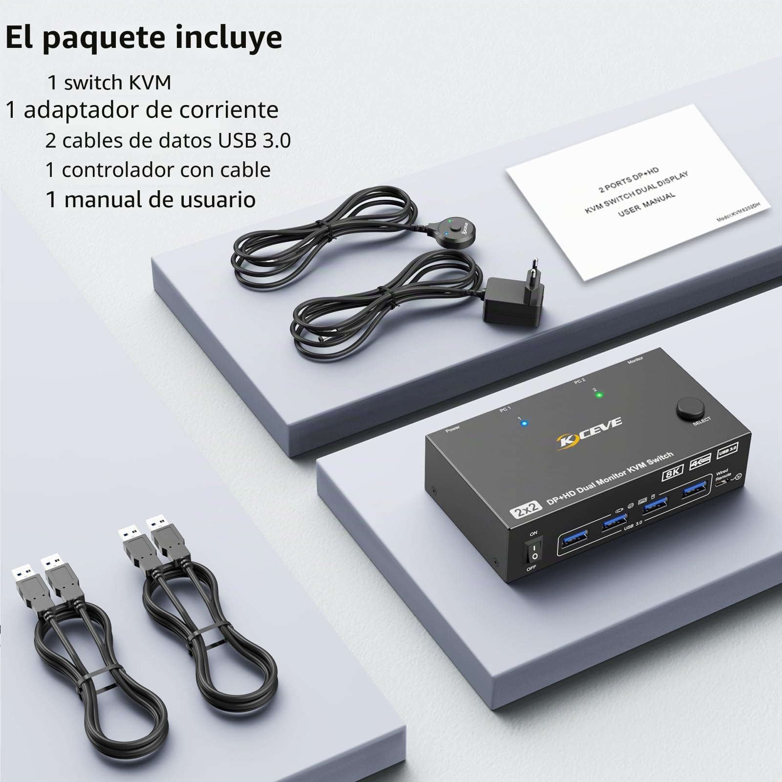 Conmutador KVM 8K 2 PC 2 monitores 8K @ 60Hz 4K @ 144Hz DisplayPort + HDMI Dual Monitores KVM Switch para 2 PC Share 2 monitores y 4 dispositivos USB 3.0, mando a distancia por cable, fuente de
