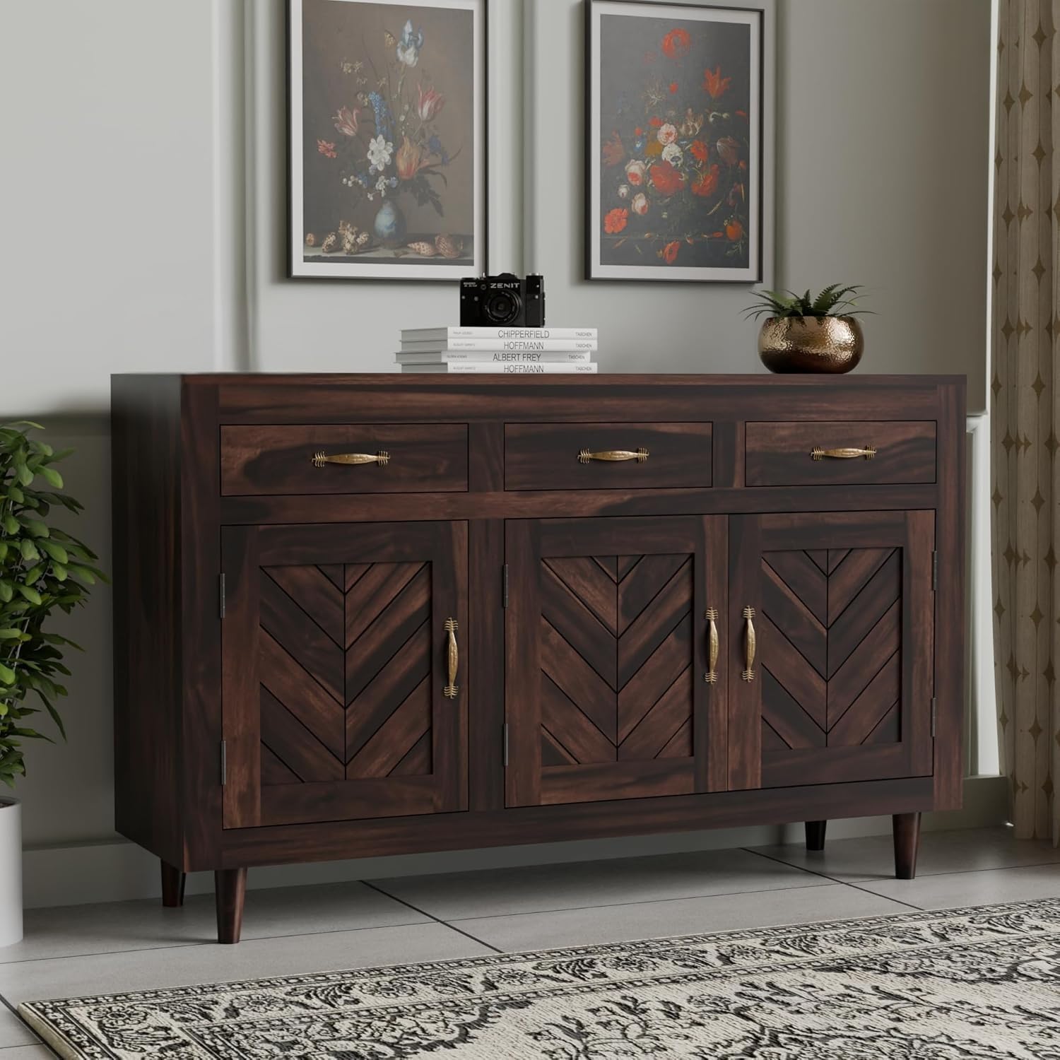 Solid Sheesham Wood Sideboard Cabinet | 3 Drawer + 3 Door Wooden Storage Unit for Living Room & Dining Area | Walnut Finish | Pre-Assembled-image-21