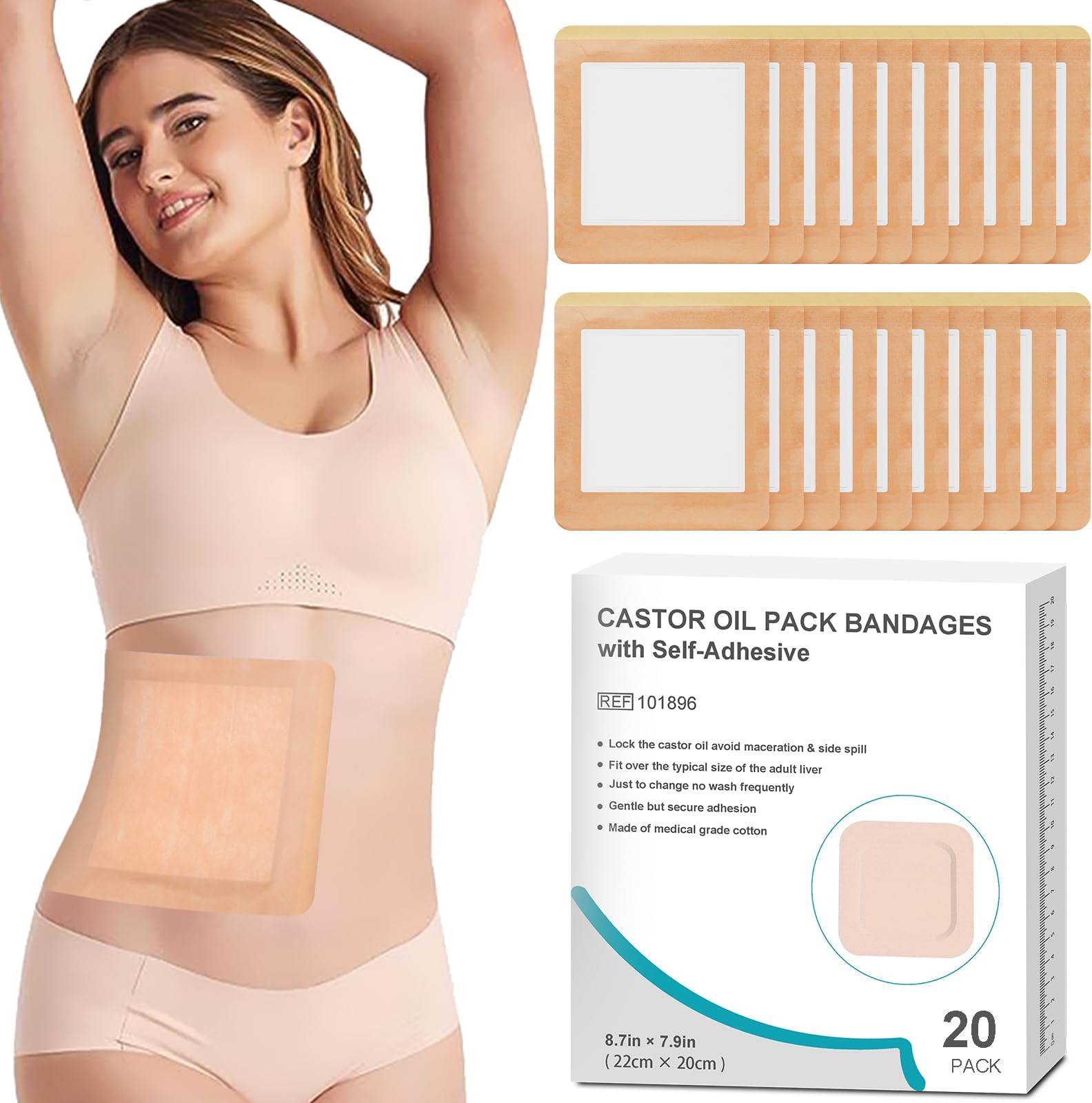 Pack of 20 Castor Oil Wraps, Indian Oil Packs for Liver Detox Highly Absorbent 9*8 Inch Self Adhesive Castor Oil Wraps Organic Cotton, Not Wash, Easy to Use, Leak