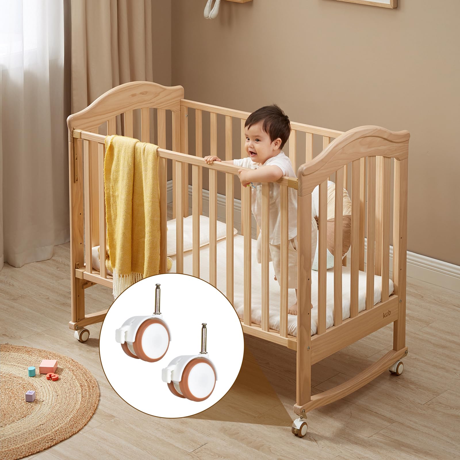 4 Piezas Ruedas para Muebles Infantiles, Cuna Rueda Universal Rueda Giratorias 360°, Silenciosas, con Ruedas Defreno, para Sofás Pequeños, Cuna, Cochecito Bebé, Cochecito Niño