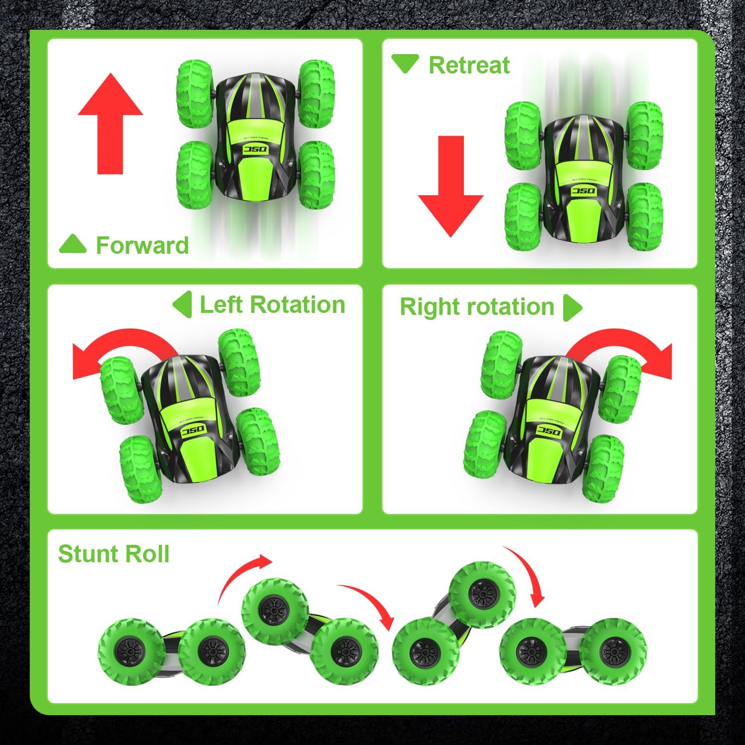 LM-15 Remote Control Car, 4WD RC Stunt Car with Inflatable Tires, Double-Sided Pattern and LED Flash, 2.4GHz, 360° Rotates and Flips, Gift for Birthday, Christmas, Thanksgiving