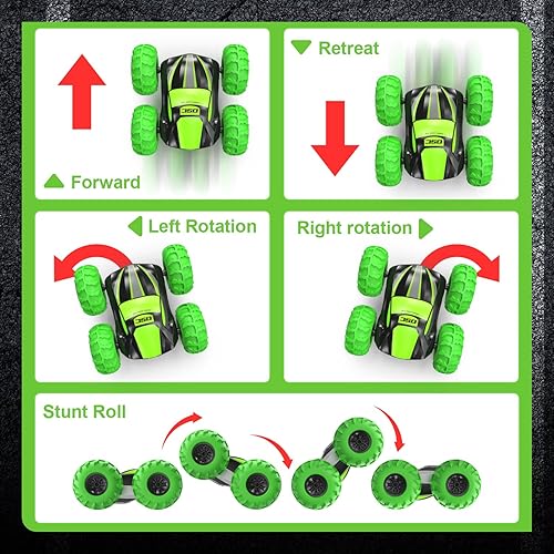 Miniatura 6 de LM-15 Auto de control remoto para niños de 6 a 12 años, auto de acrobacias RC 4WD con neumáticos inflables, patrón de doble cara y flash LED, 2.4