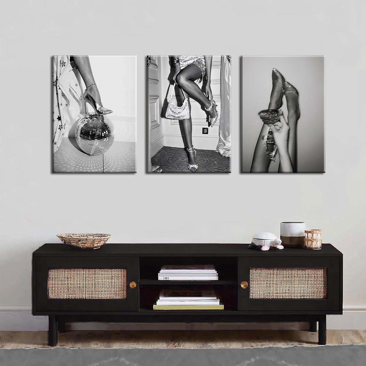 Trendy Women Canvas Wall Art Set of 3 Black and White Fashion Feminist Wall Decor Pictures High Heels on Disco Ball Bar Cart Woman Drinking Wine Posters Prints for Dorm Bedroom Decoration 12x16in